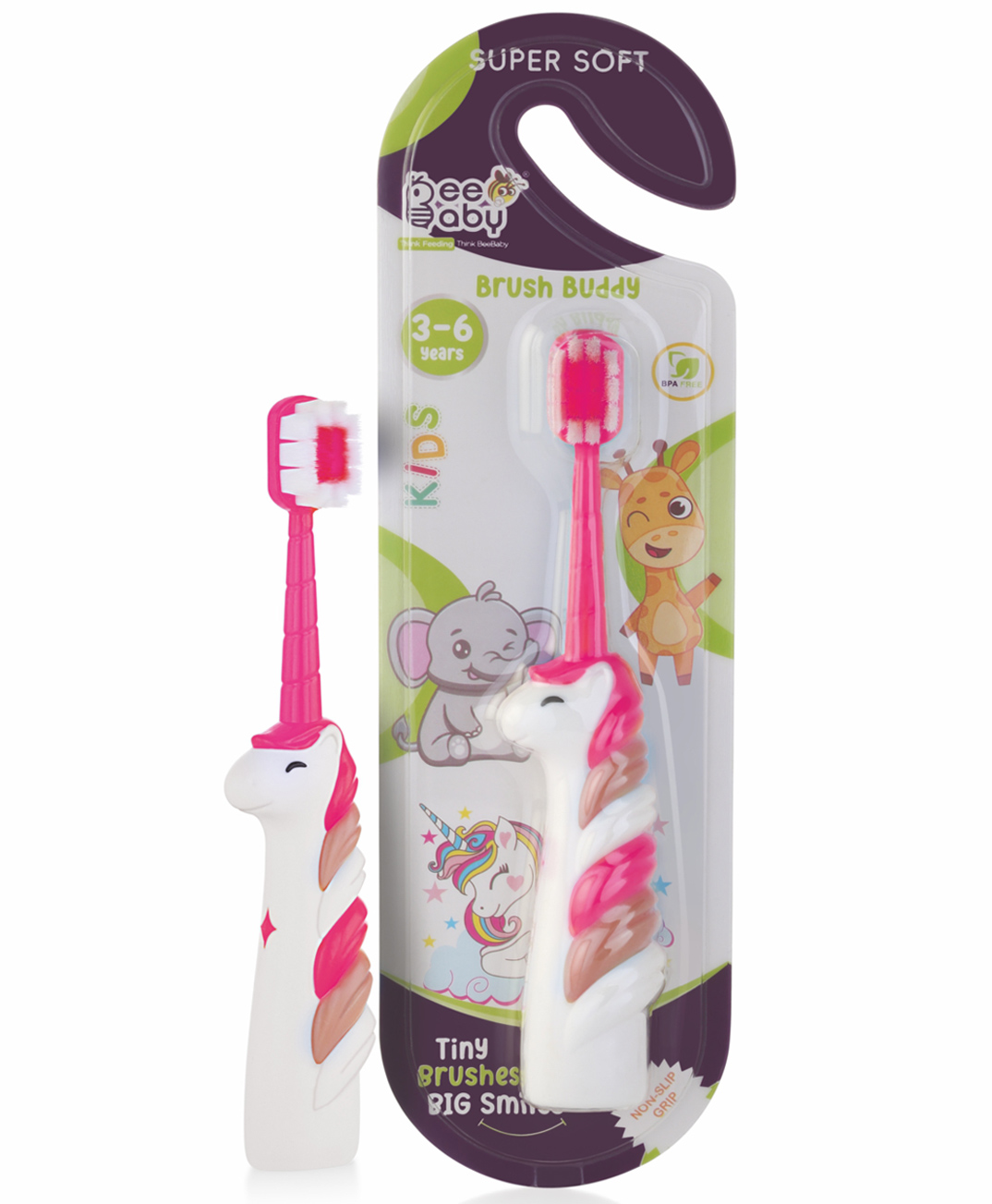 BeeBaby Unicorn Brush Buddy Toothbrush for Kids 1-3 Years, Soft Handle for Easy Grip, 10 x Softer Tapered Bristles Ideal for Milk and Permanent Teeth, 100% BPA Free. Pink-image-34