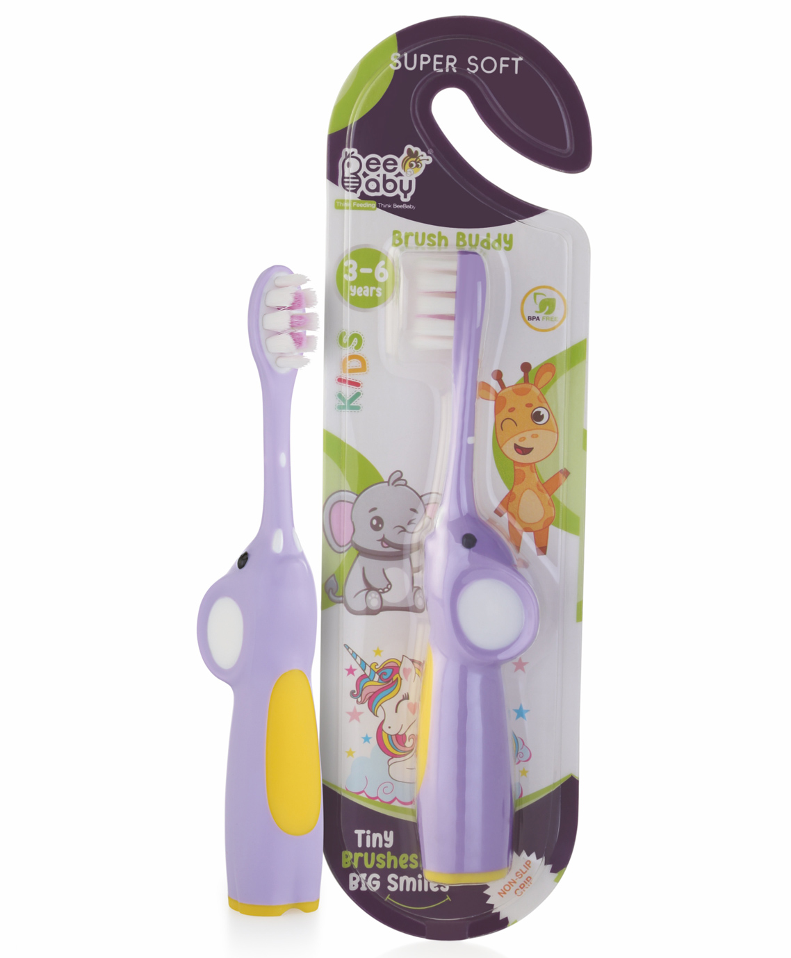BeeBaby Elephant Brush Buddy Toothbrush for Kids 1-3 Years, Soft Handle for Easy Grip, 10 x Softer Tapered Bristles Ideal for Milk and Permanent Teeth, 100% BPA Free. Violet-picture-43