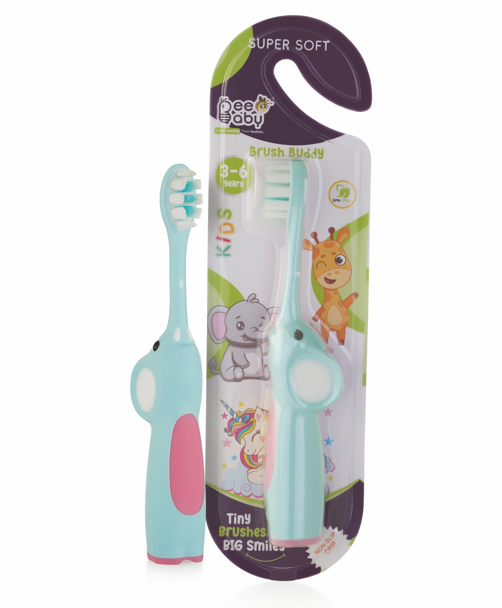 BeeBaby Elephant Brush Buddy Toothbrush for Kids 1-3 Years, Soft Handle for Easy Grip, 10 x Softer Tapered Bristles Ideal for Milk and Permanent Teeth, 100% BPA Free. Blue-picture-31