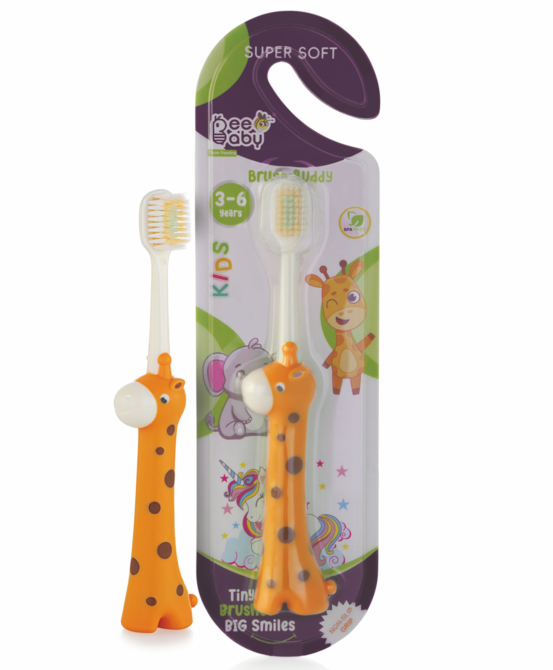 BeeBaby Giraffe Brush Buddy Toothbrush for Kids 1-3 Years, Soft Handle for Easy Grip, 10 x Softer Tapered Bristles Ideal for Milk and Permanent Teeth, 100% BPA Free. Orange-picture-5