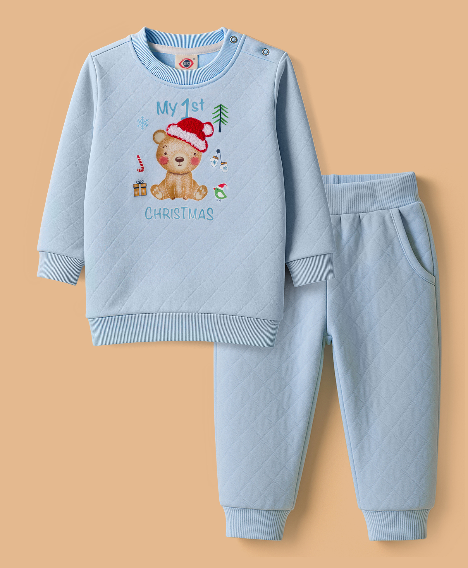 Zero Fleece Knit Full Sleeves Winter Wear Sweatshirt & Joggers Set With Teddy Print - Light Blue-image-43
