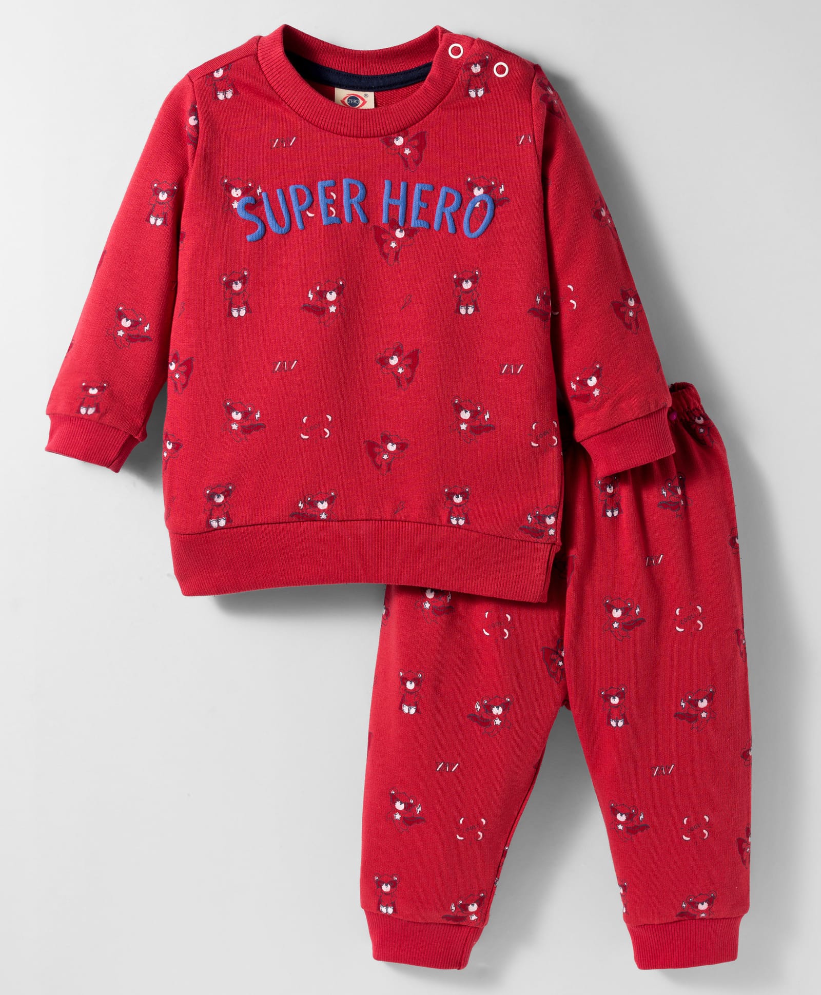Zero Fleece Knit Full Sleeves Winter Wear Sweatshirt and Joggers Set with Teddy Print And Super Hero Text Print - Red-image-44