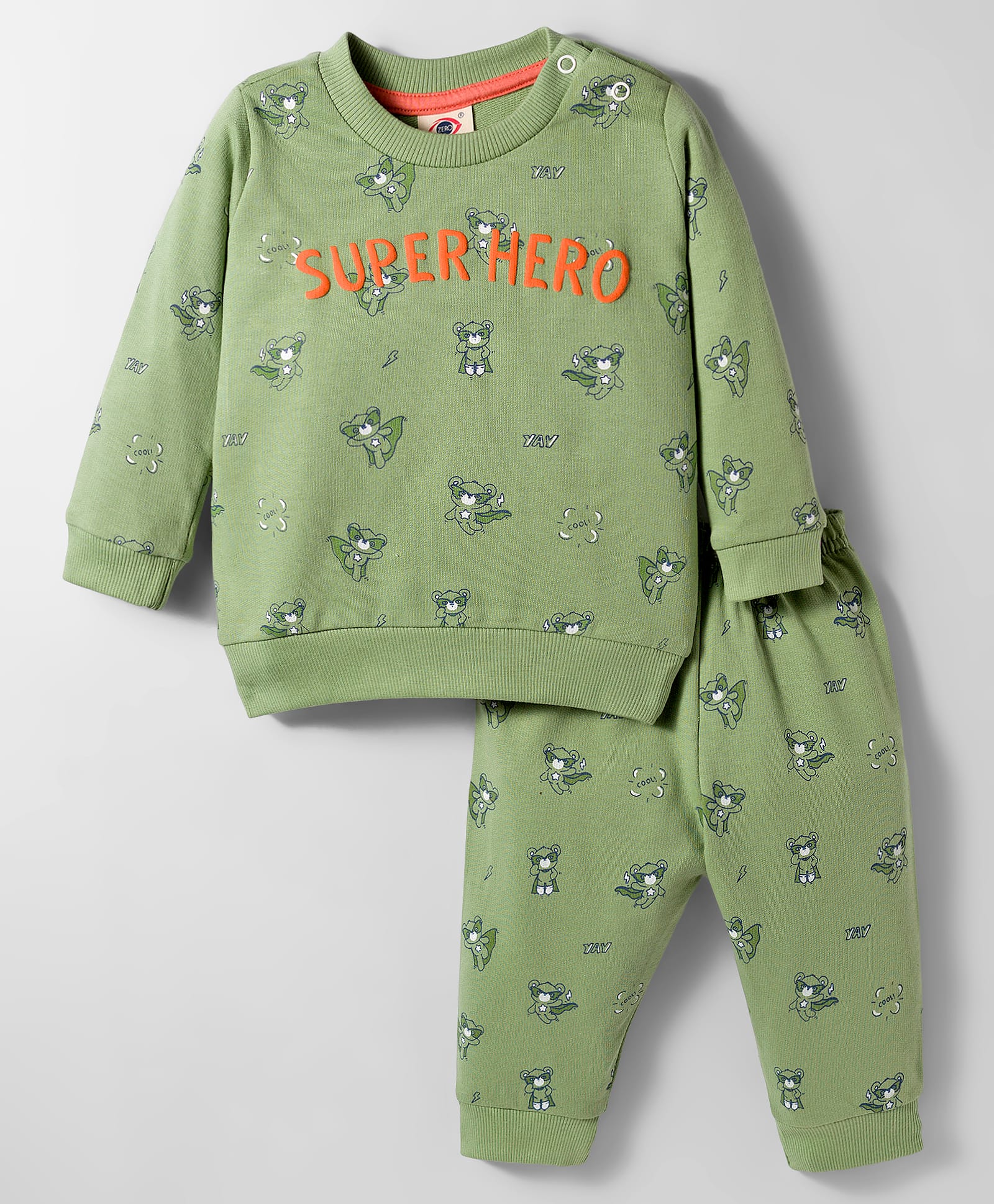 Zero Fleece Knit Full Sleeves Winter Wear Sweatshirt and Joggers Set with Teddy Print And Super Hero Text Print - Light Green-picture-34