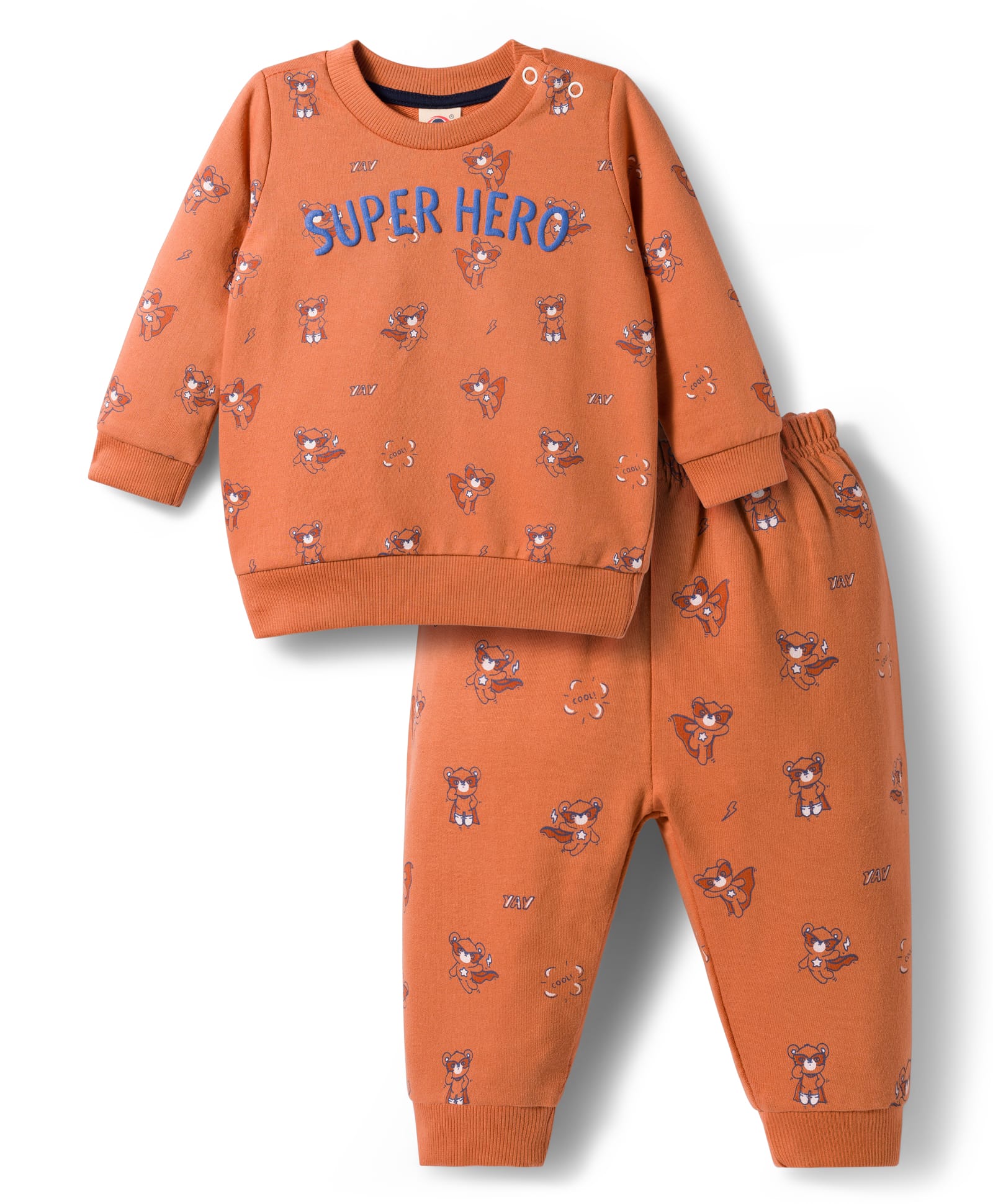 Zero Fleece Knit Full Sleeves Winter Wear Sweatshirt and Joggers Set with Teddy Print And Super Hero Text Print - Rust Orange-picture-4