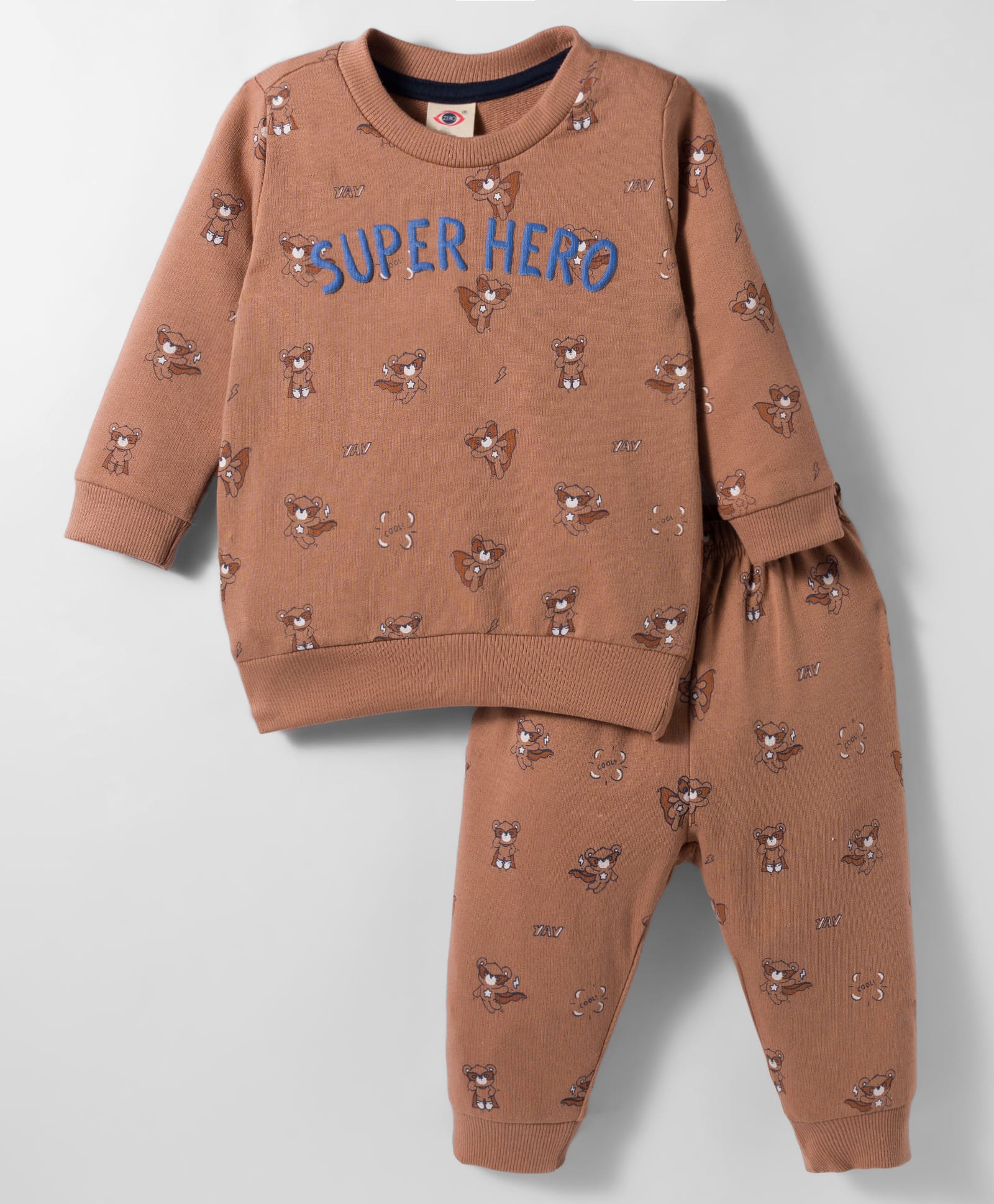Zero Fleece Knit Full Sleeves Winter Wear Sweatshirt and Joggers Set with Teddy Print And Super Hero Text Print - Tan-image-19