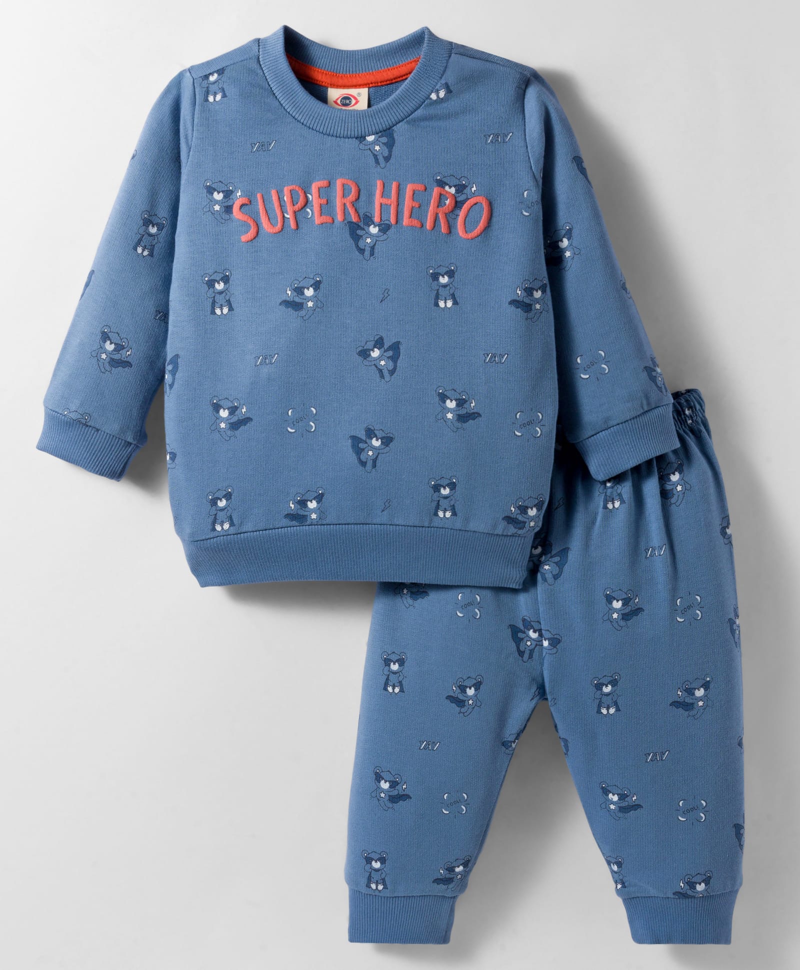 Zero Fleece Knit Full Sleeves Winter Wear Sweatshirt and Joggers Set with Teddy Print And Super Hero Text Print - Blue-image-48