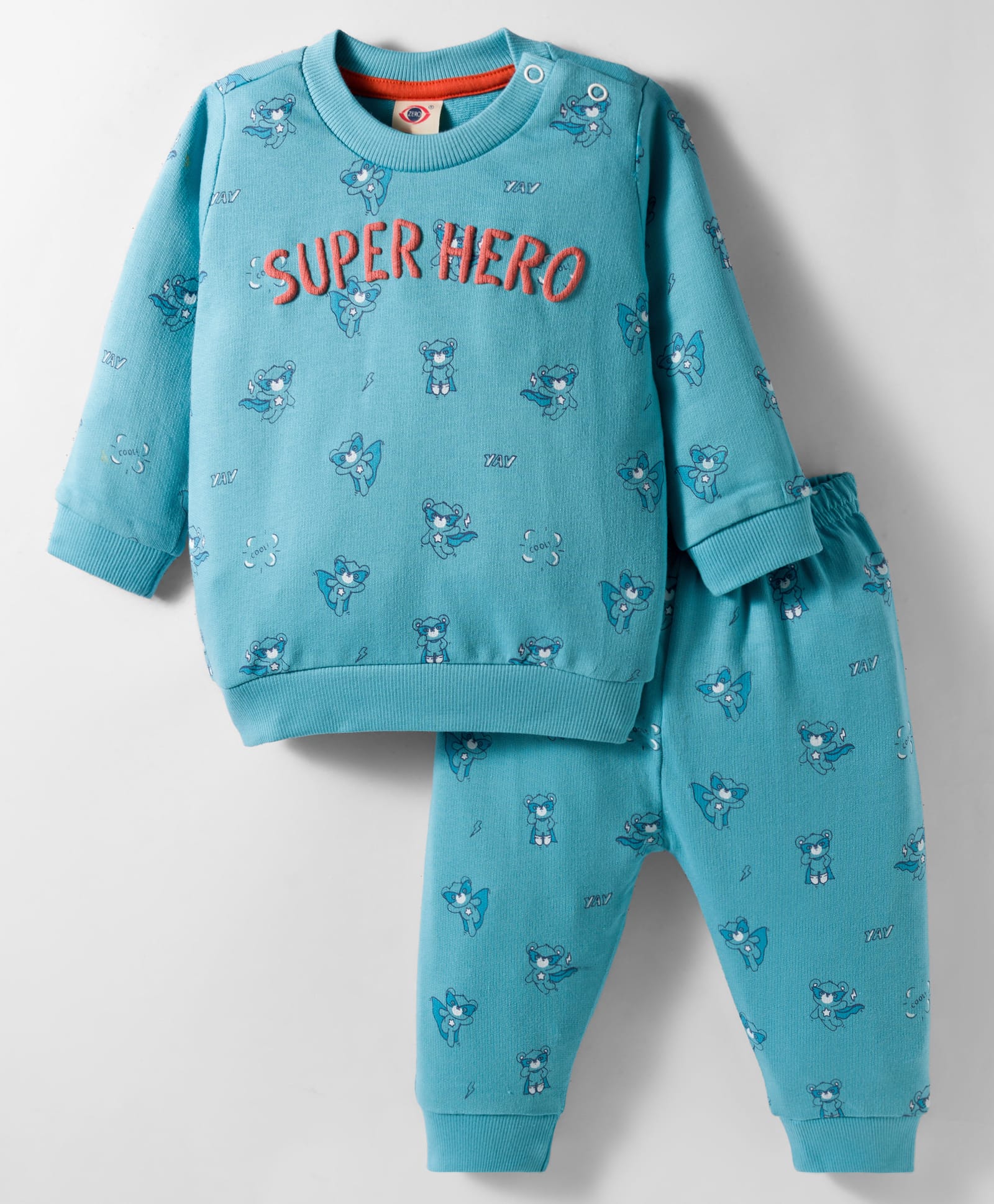 Zero Fleece Knit Full Sleeves Winter Wear Sweatshirt and Joggers Set with Teddy Print And Super Hero Text Print - Turquoise-picture-31