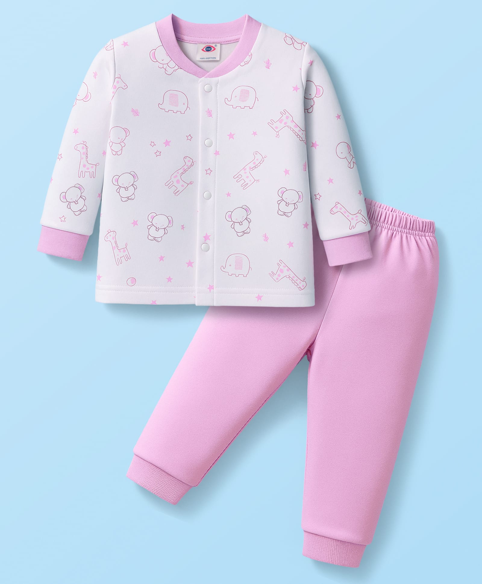 Zero Interlock Knit Full Sleeves T-Shirt & Joggers Set With Animal Print - Pink & White-picture-19