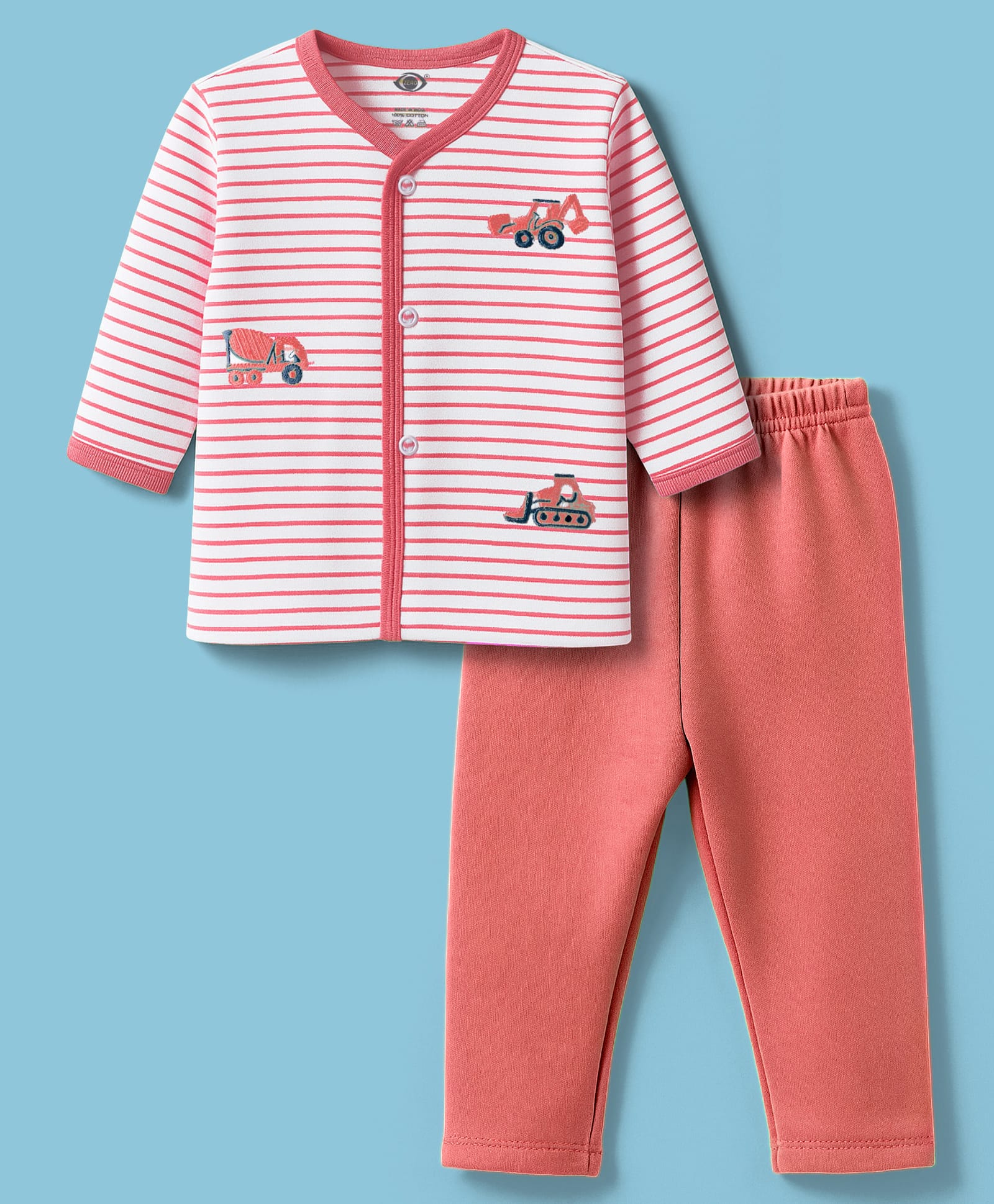 Zero Interlock Knit Full Sleeves Night Suit With Vehicle Embroidery - Peach-picture-2