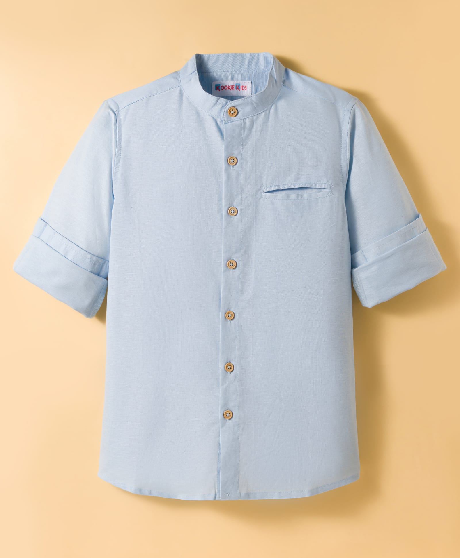 kookie kids india Kookie Kids Cotton Woven Full Sleeves Solid Color Shirt with Mandarin Collar - Light Blue-picture-25