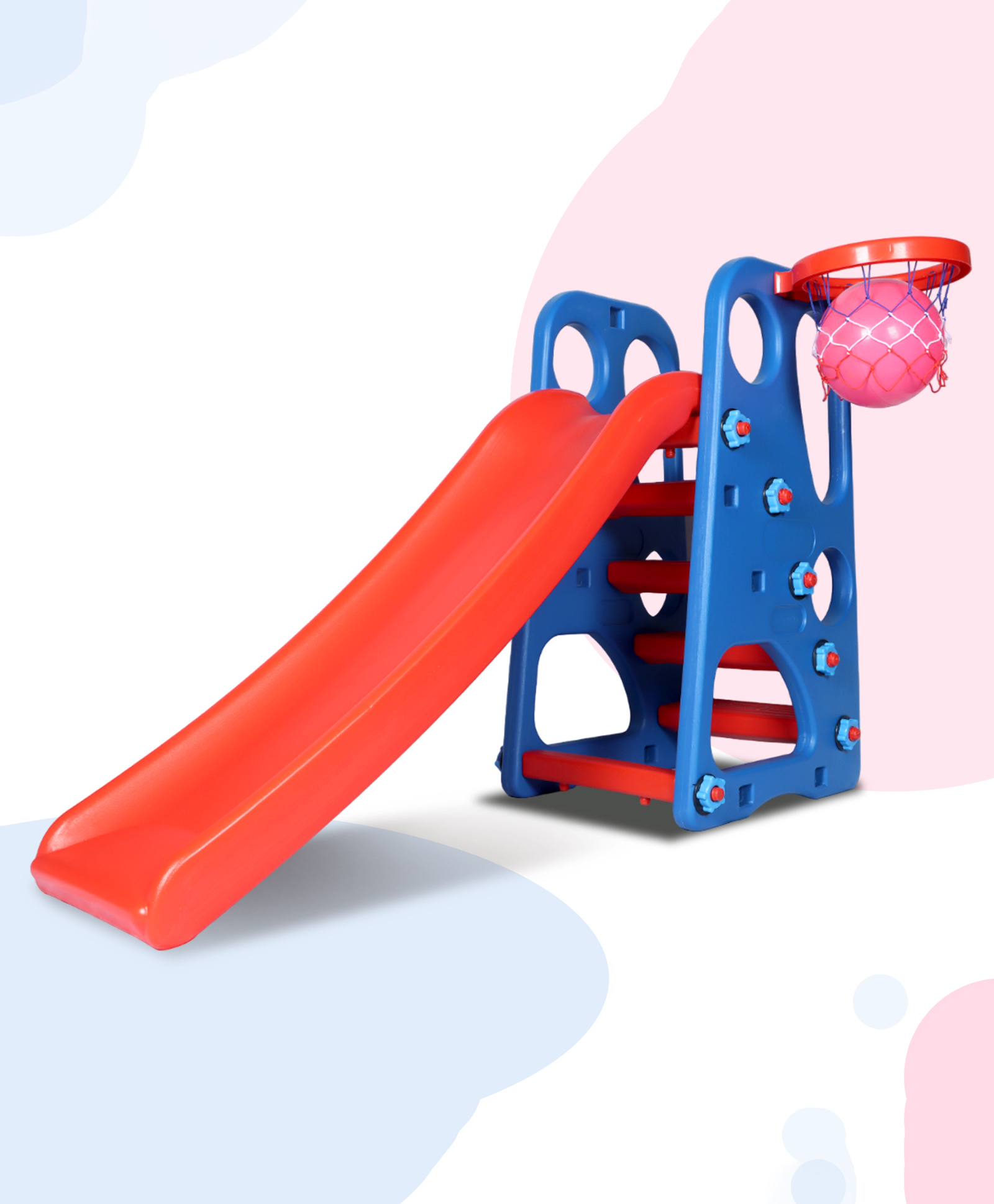 toyplus Toy Plus 2 in 1 Slide with Basket Ball Hoop - Blue and Red-picture-30