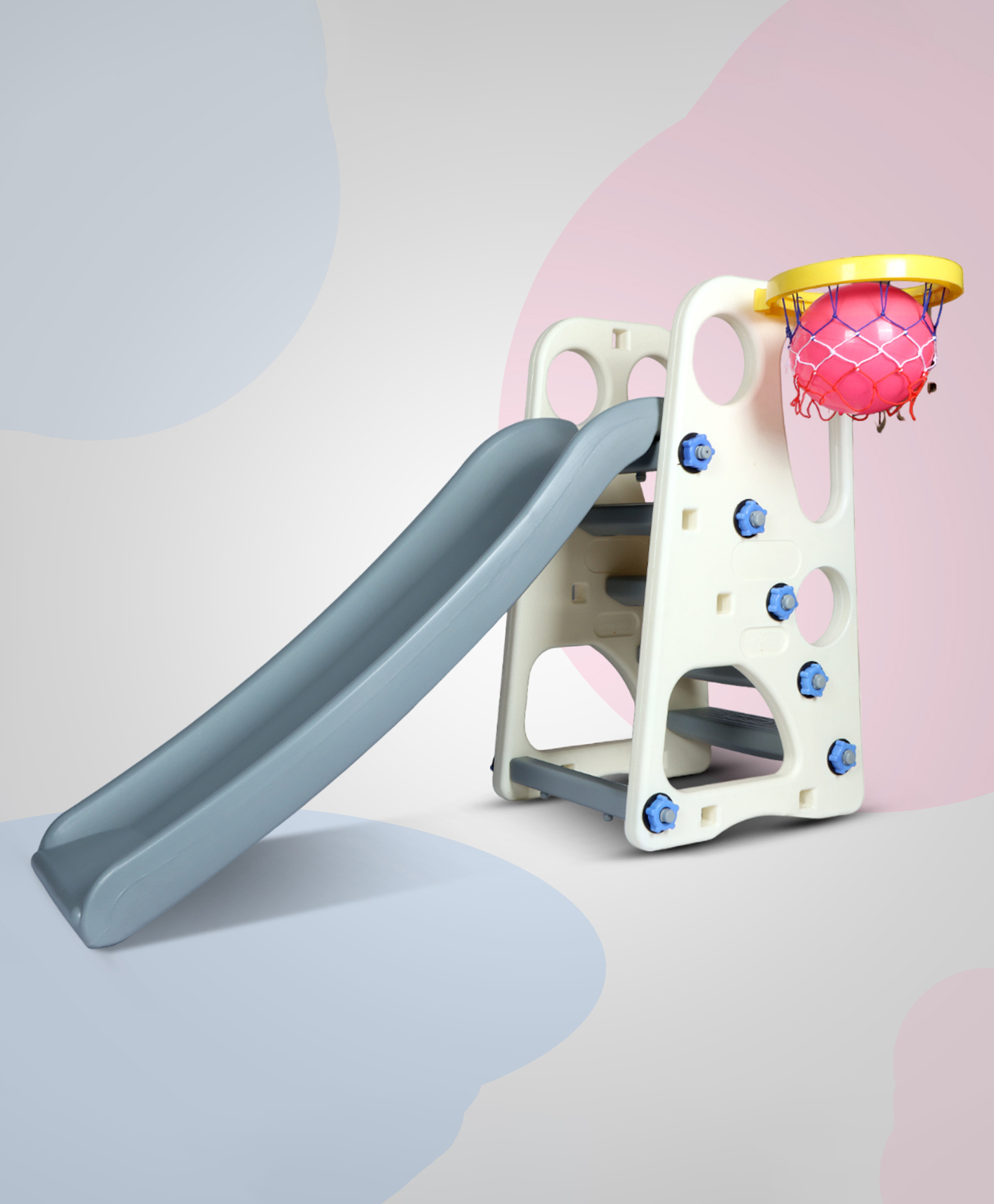 toyplus Toy Plus 2 in 1 Slide with Basket Ball Hoop - Cream and Grey-picture-31