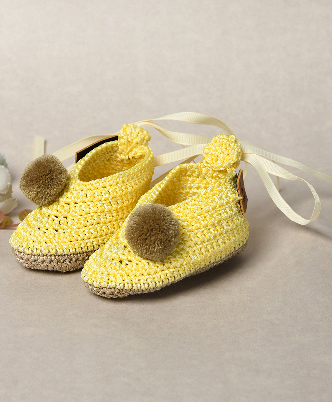 Funkrafts Knit Handmade Crochet Designed & Pom Pom Embellished Booties - Cream-picture-24