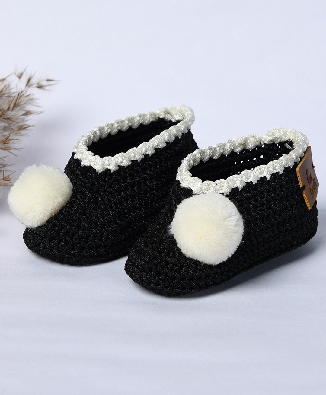 Funkrafts Knit Handmade Crochet Designed & Pom Pom Embellished Booties - Black-picture-23