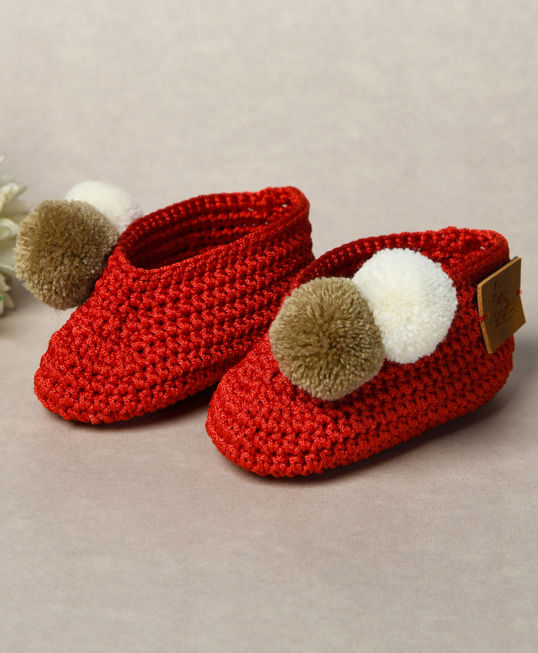 Funkrafts Knit Handmade Crochet Designed & Pom Pom Embellished Booties - Red-image-36
