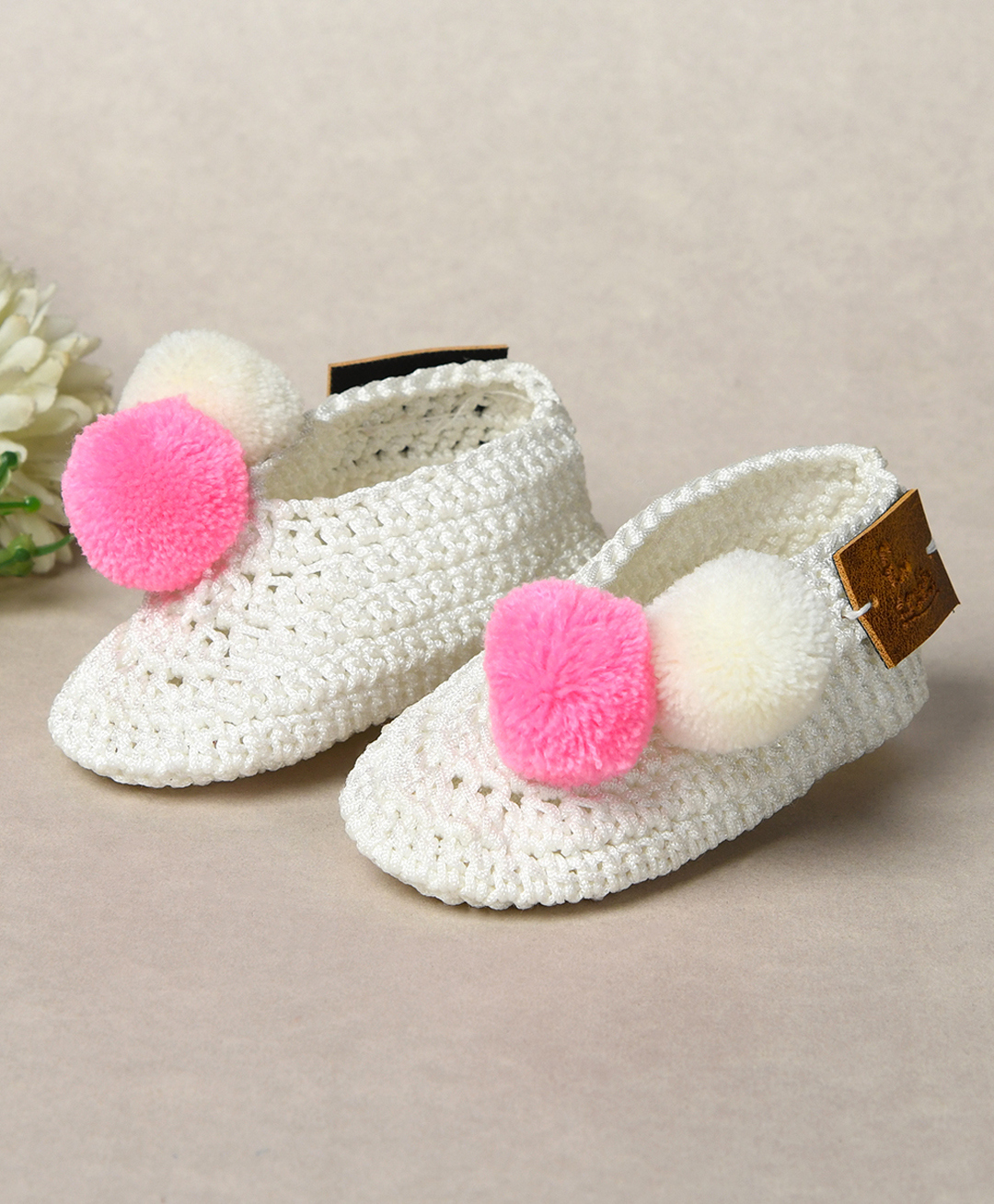 Funkrafts Knit Handmade Crochet Designed & Pom Pom Embellished Booties - White & Pink-picture-18