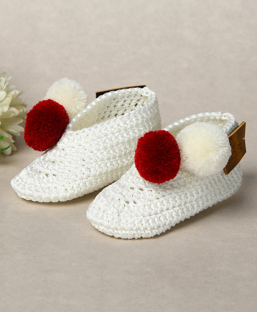 Funkrafts Knit Handmade Crochet Designed & Pom Pom Embellished Booties - White & Red-picture-25
