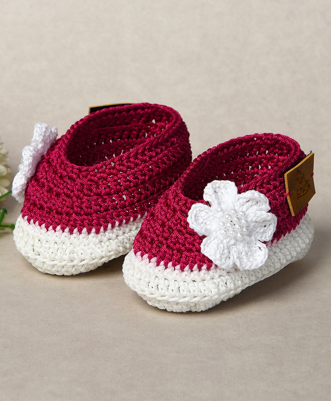 Funkrafts Knit Floral Applique Detailed Handmade Crochet Booties - Pink-picture-27