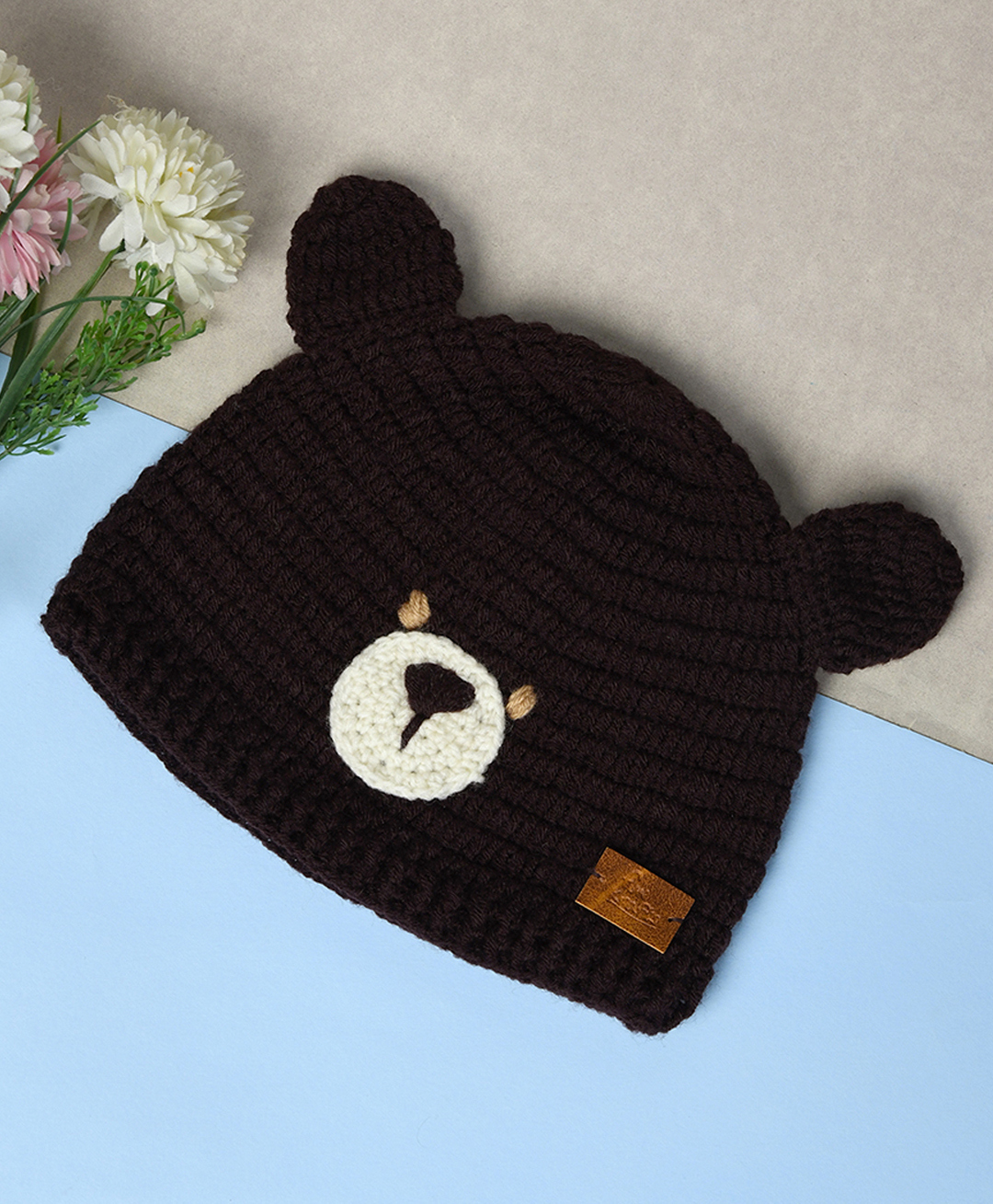 Funkrafts Teddy Bear Embroidered Handmade Beanie Cap - Brown - Circumference 48 Cm-picture-1