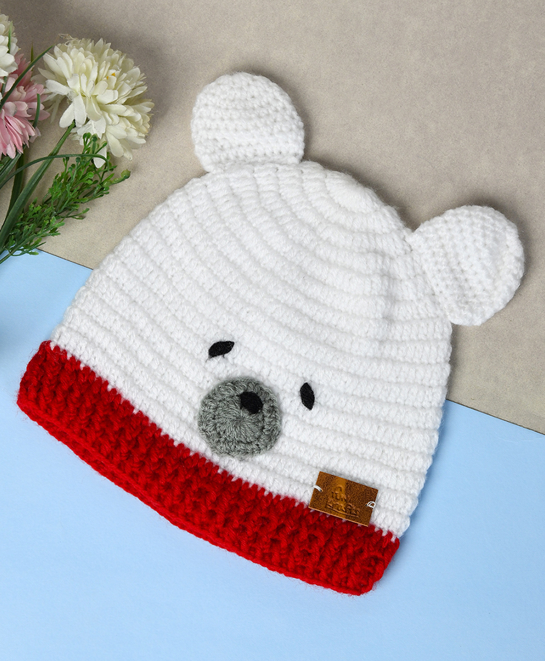 Funkrafts Teddy Bear Embroidered Handmade Beanie Cap - White & Red - Circumference 48 Cm-picture-40