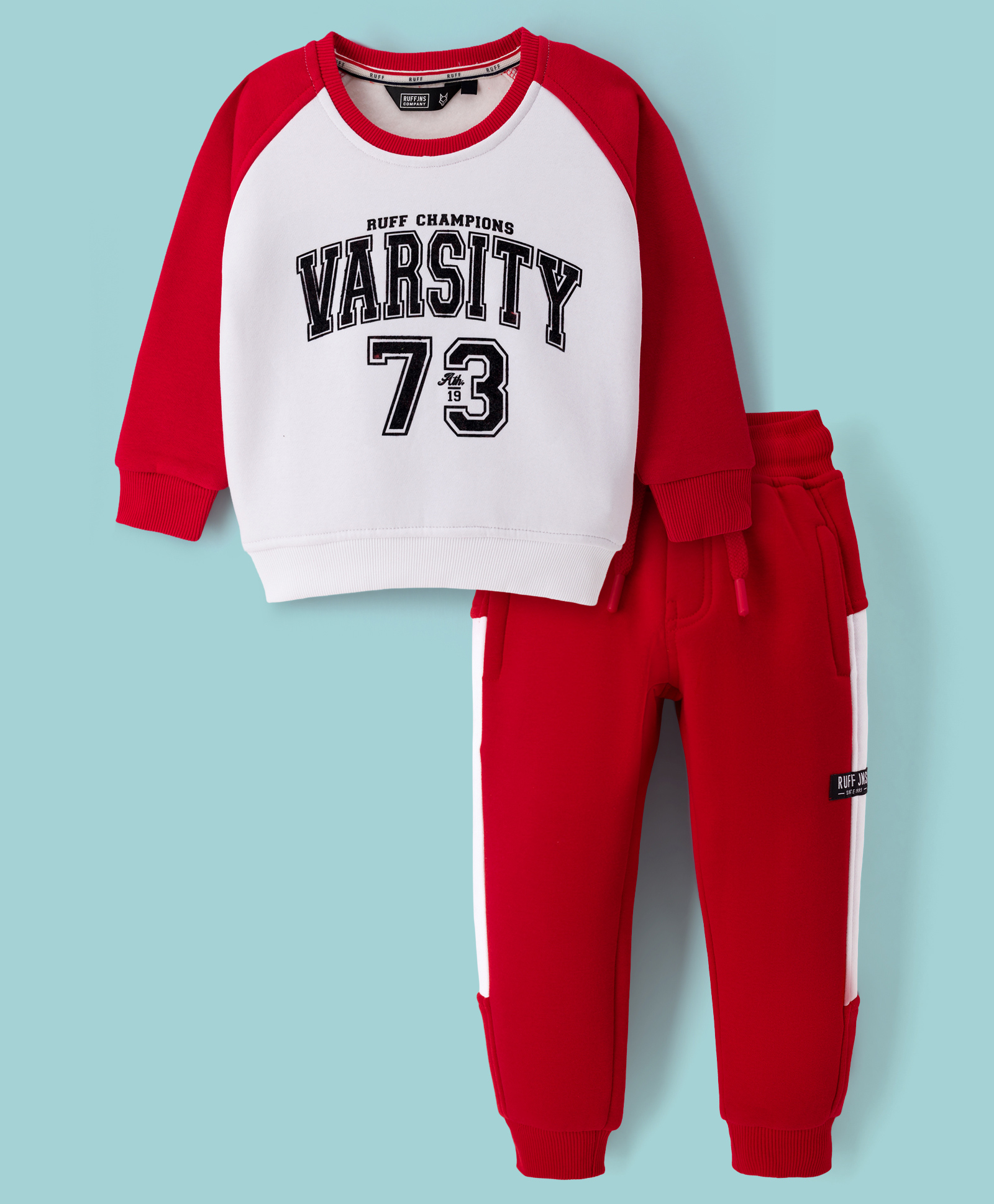Ruff Fleece Knit Full Raglan Sleeves Winter Wear T-Shirt & Lounge Pant Set with Text Print - Red-picture-28