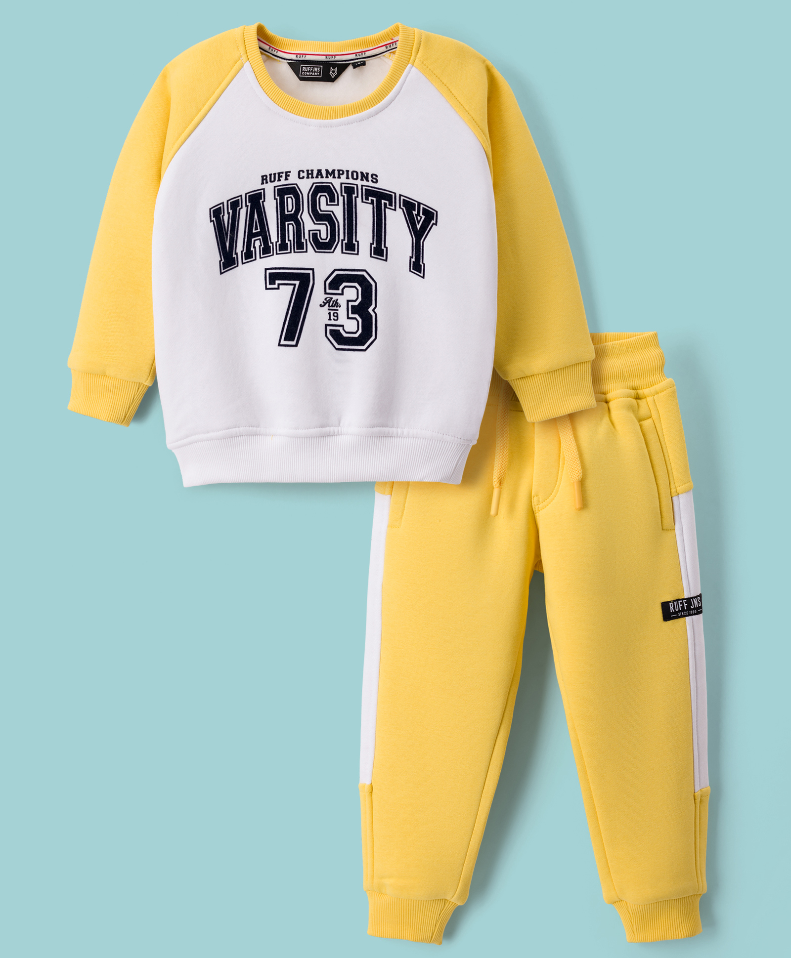 Ruff Fleece Knit Full Raglan Sleeves Winter Wear T-Shirt & Lounge Pant Set with Text Print - Lemon-picture-15