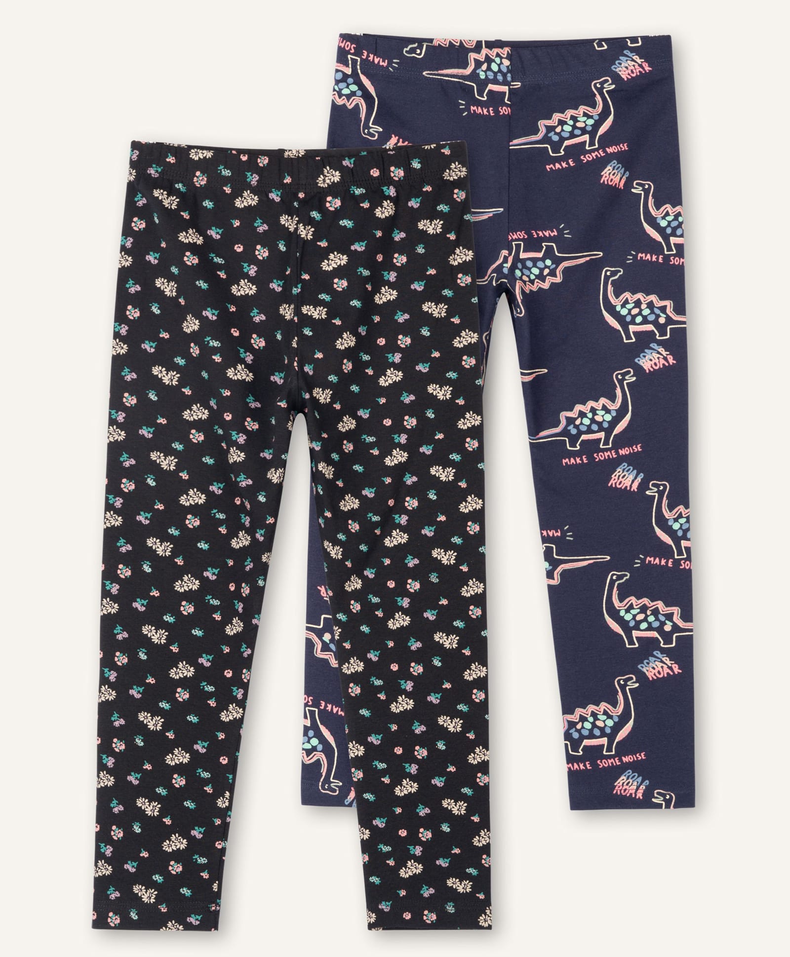 Ariel Cotton Knit Pack Of 2 Dinosaur & Floral Printed Leggings - Black & Navy Blue-image-38