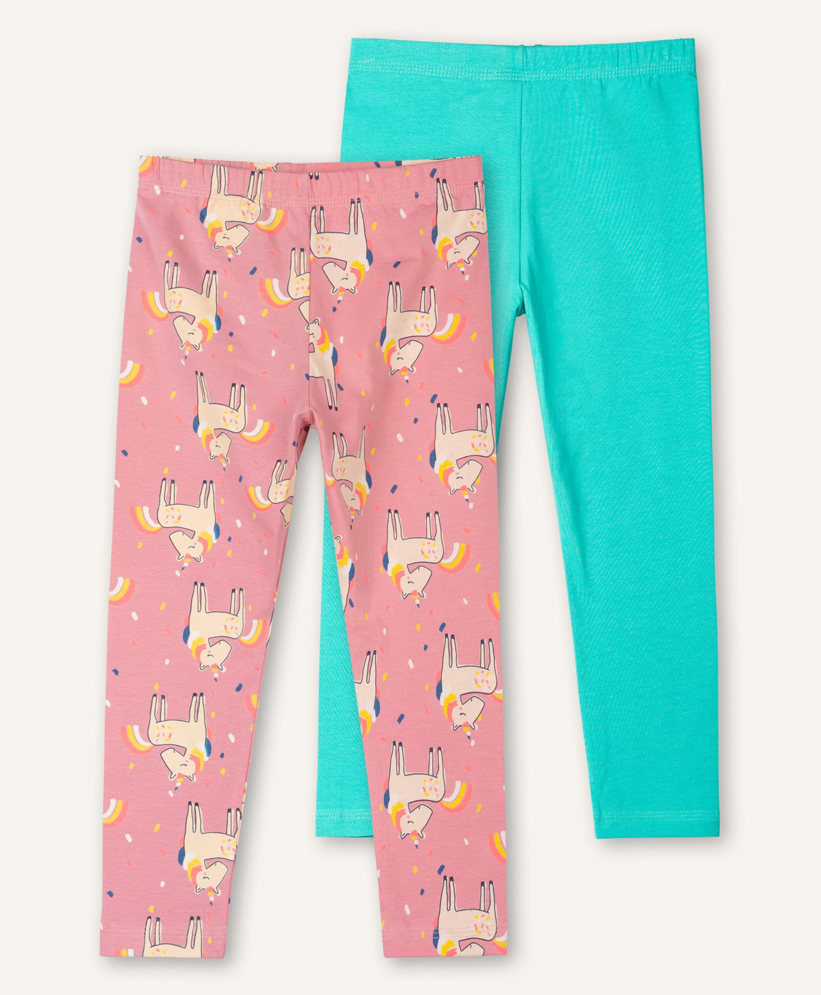 Ariel Cotton Knit Pack Of 2 Solid & Unicorn Printed Leggings - Orange & Turquoise Blue-picture-21