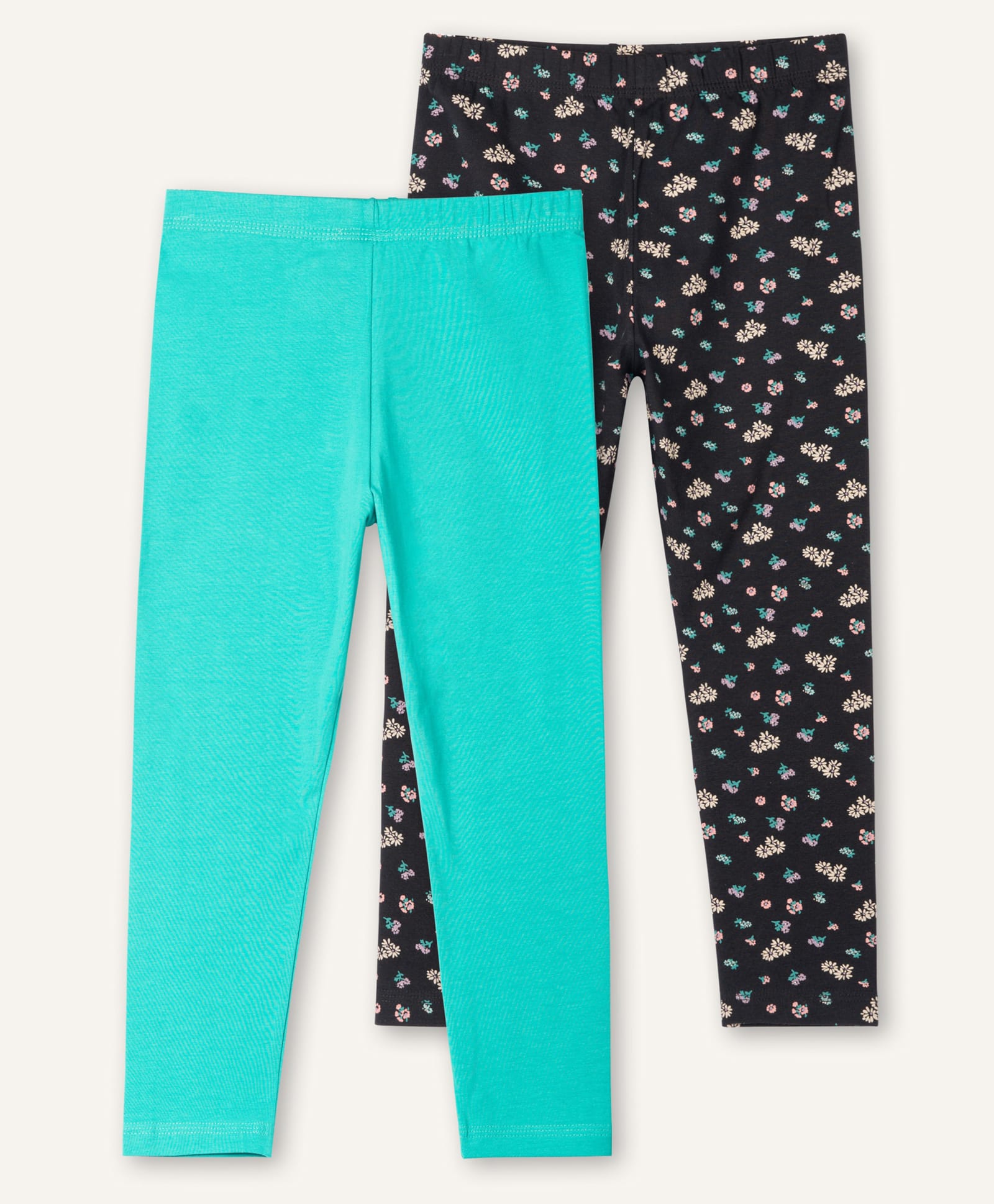 Ariel Cotton Knit Pack Of 2 Solid & Floral Printed Leggings - Black & Turquoise Blue-image-32