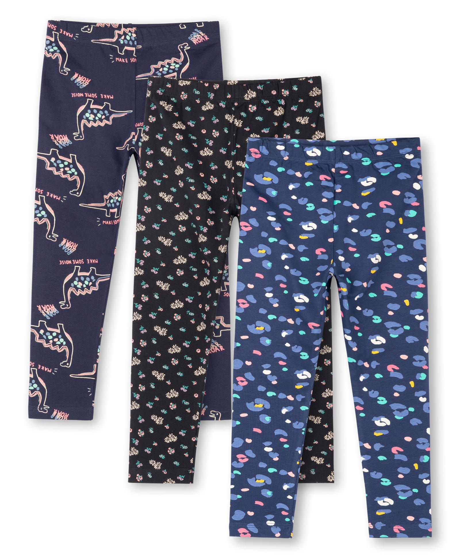 Ariel Cotton Knit Pack Of 3 Dinosaur & Floral Printed Leggings - Navy Blue Black & Blue-picture-23