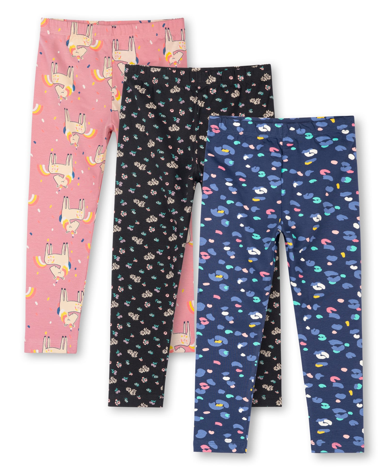 Ariel Cotton Knit Pack Of 3 Unicorn & Floral Printed Leggings - Orange Black & Blue-picture-32