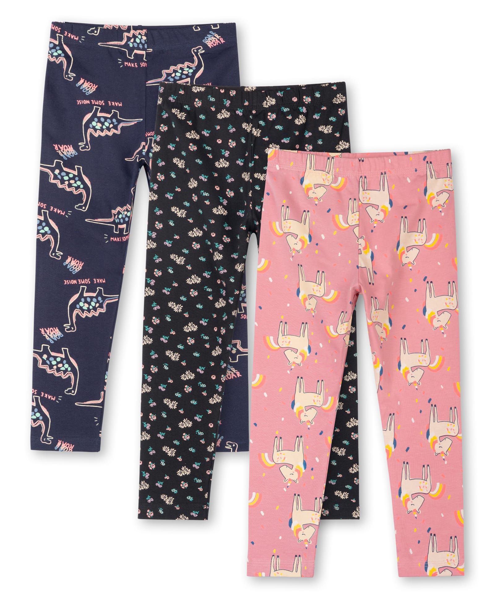 Ariel Cotton Knit Pack Of 3 Dinosaur & Floral Printed Leggings - Navy Blue Black & Orange