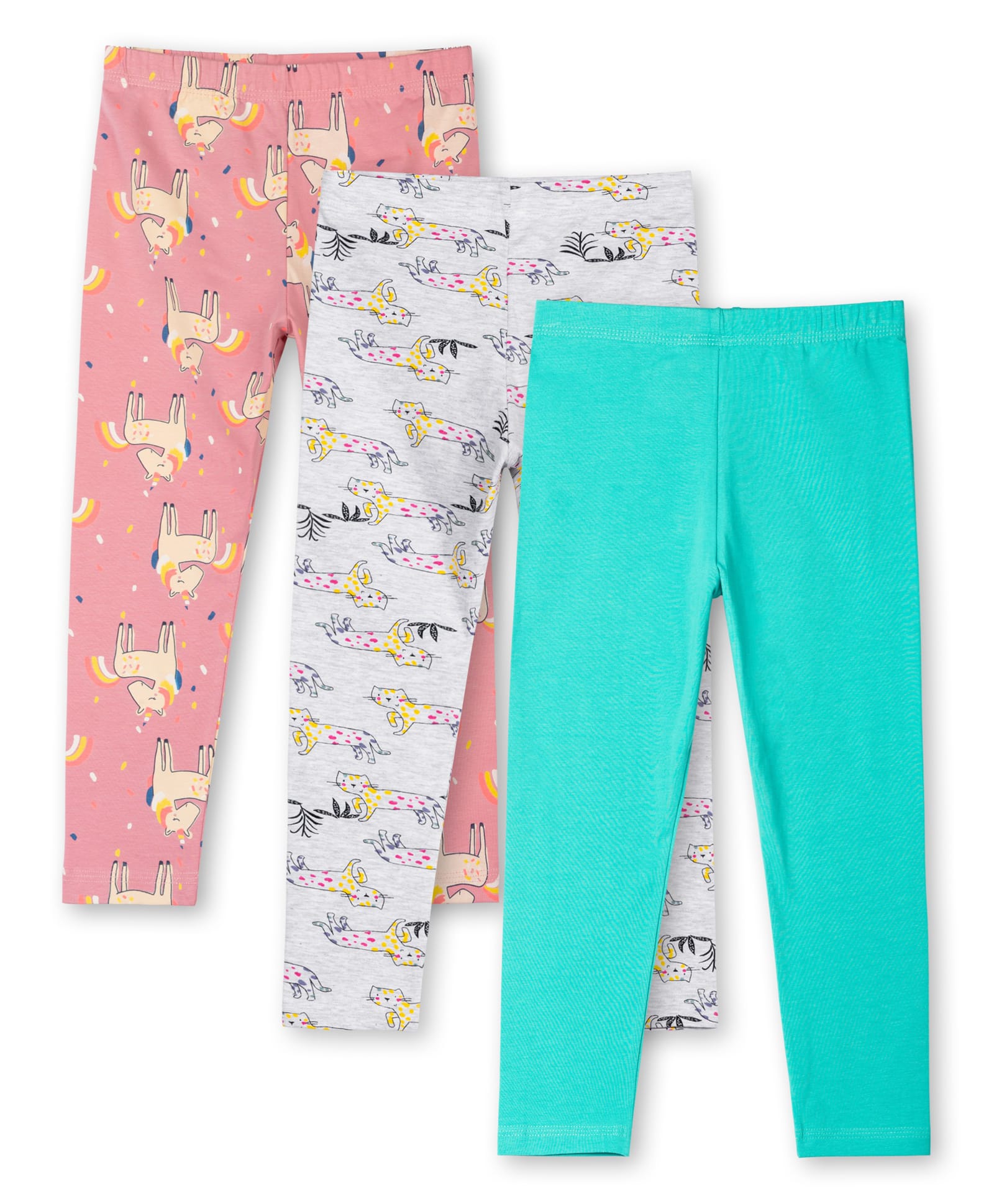 Ariel Cotton Knit Pack Of 3 Unicorn & Cats Printed Leggings - Orange Grey & Turquoise Blue-picture-29