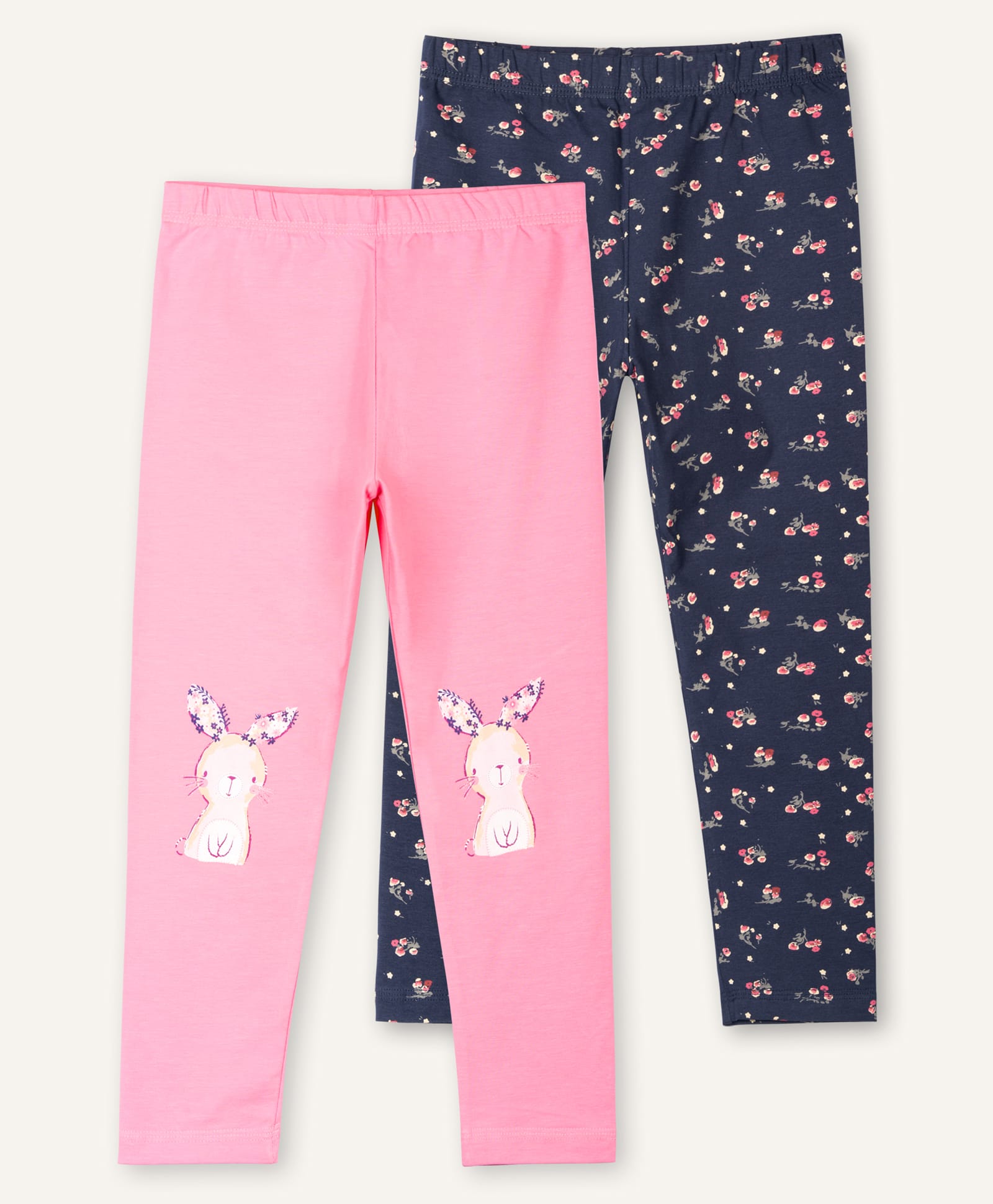 Ariel Cotton Knit Pack Of 2 Floral & Baby Bunny Printed Leggings - Pink & Navy Blue-picture-17