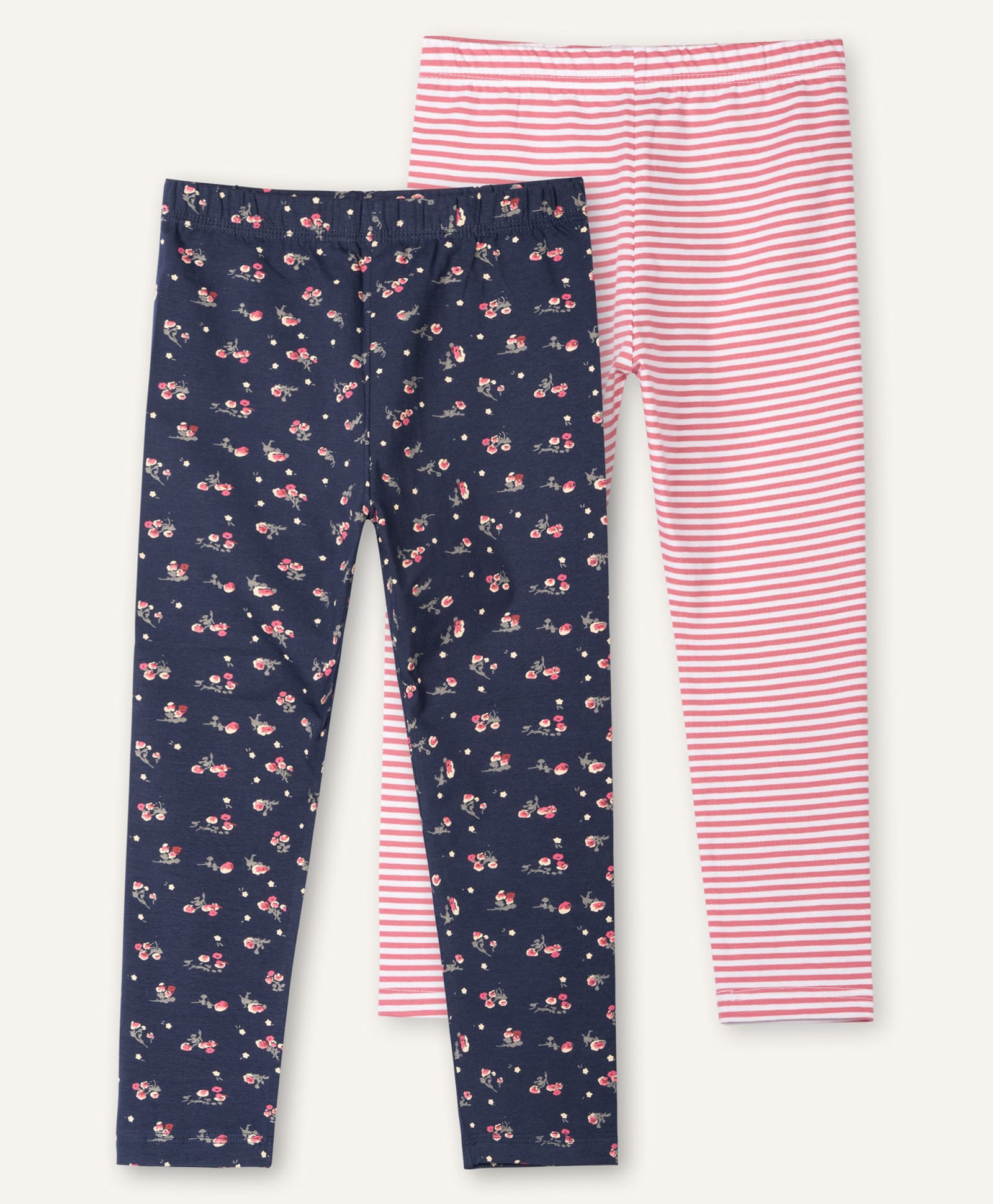 Ariel Cotton Knit Pack Of 2 Floral & Striped Printed Leggings - Pink & Navy Blue-image-35