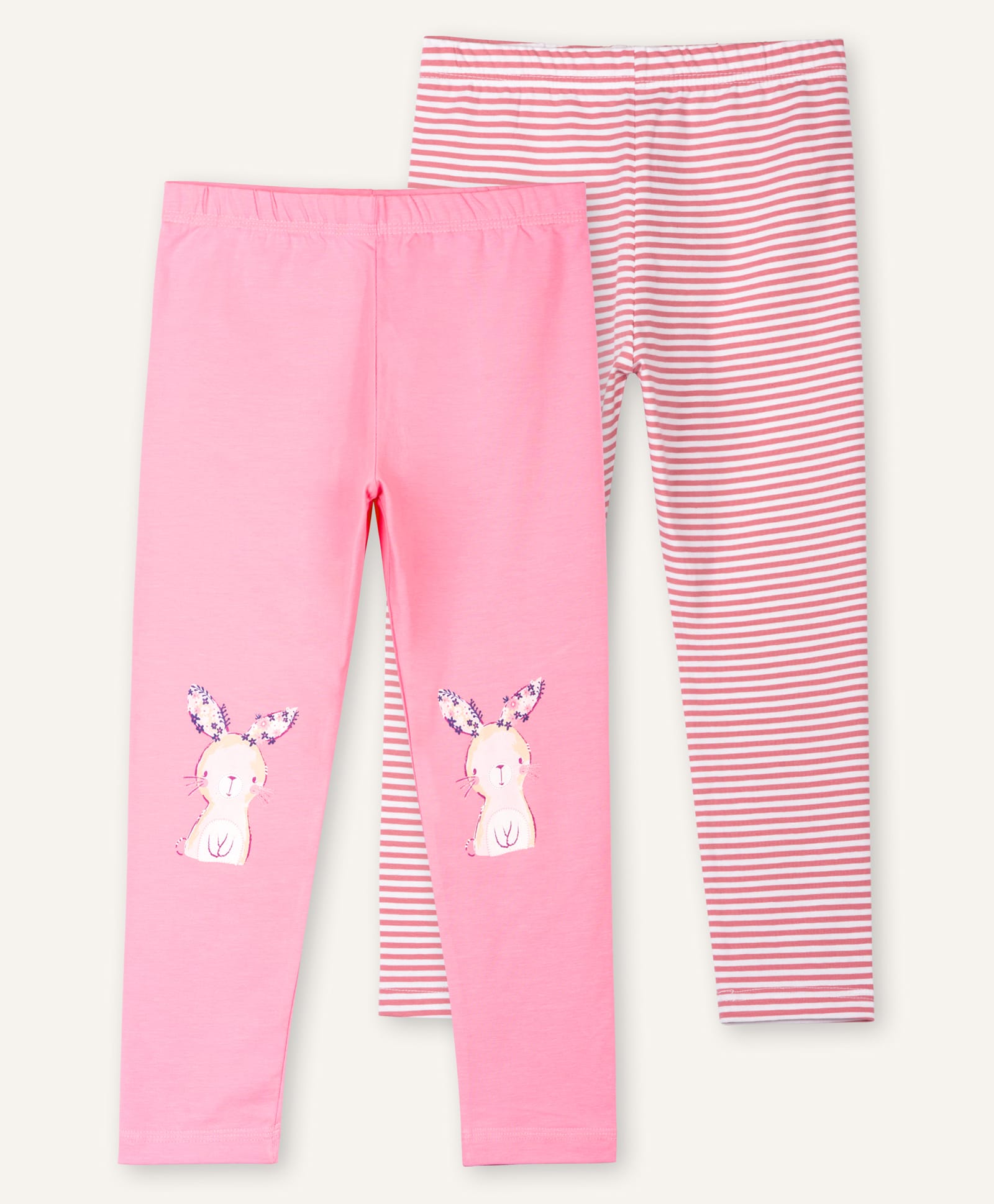 Ariel Cotton Knit Pack Of 2 Striped & Baby Bunny Printed Leggings - Pink-picture-20