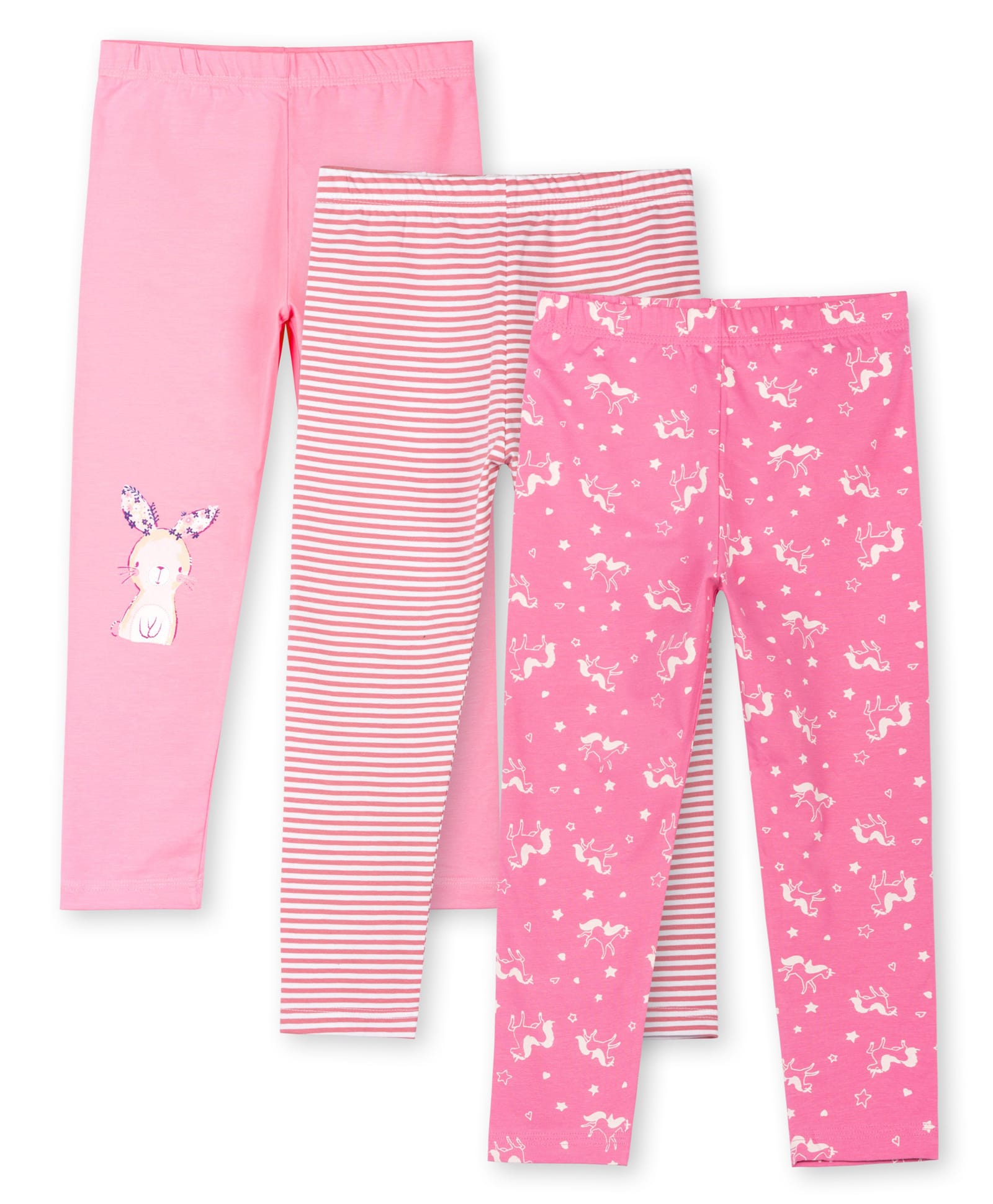 Ariel Cotton Knit Pack Of 3 Striped & Baby Bunny Printed Leggings - Pink-picture-13