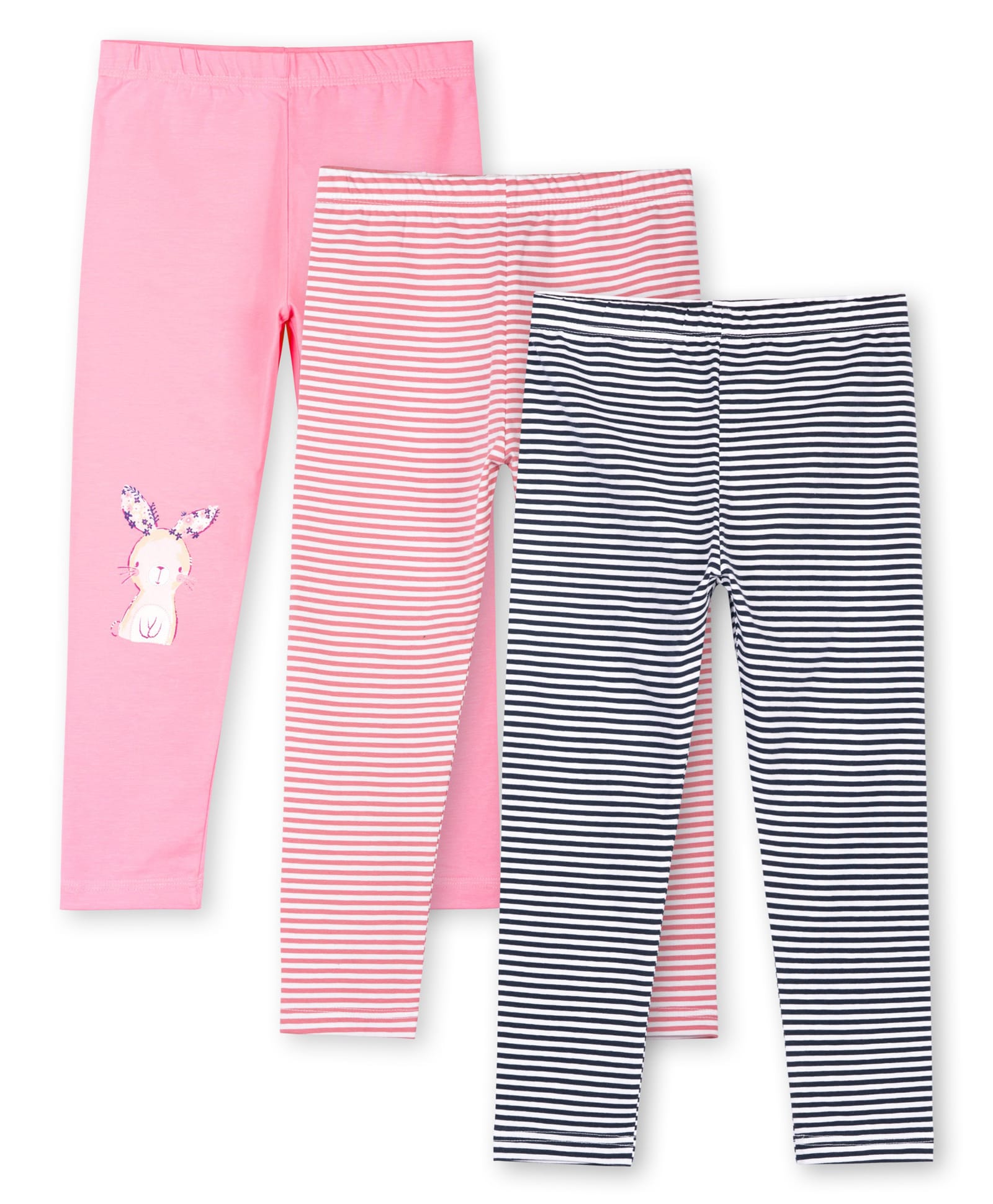Ariel Cotton Knit Pack Of 3 Striped & Baby Bunny Printed Leggings - Pink & Black-picture-38