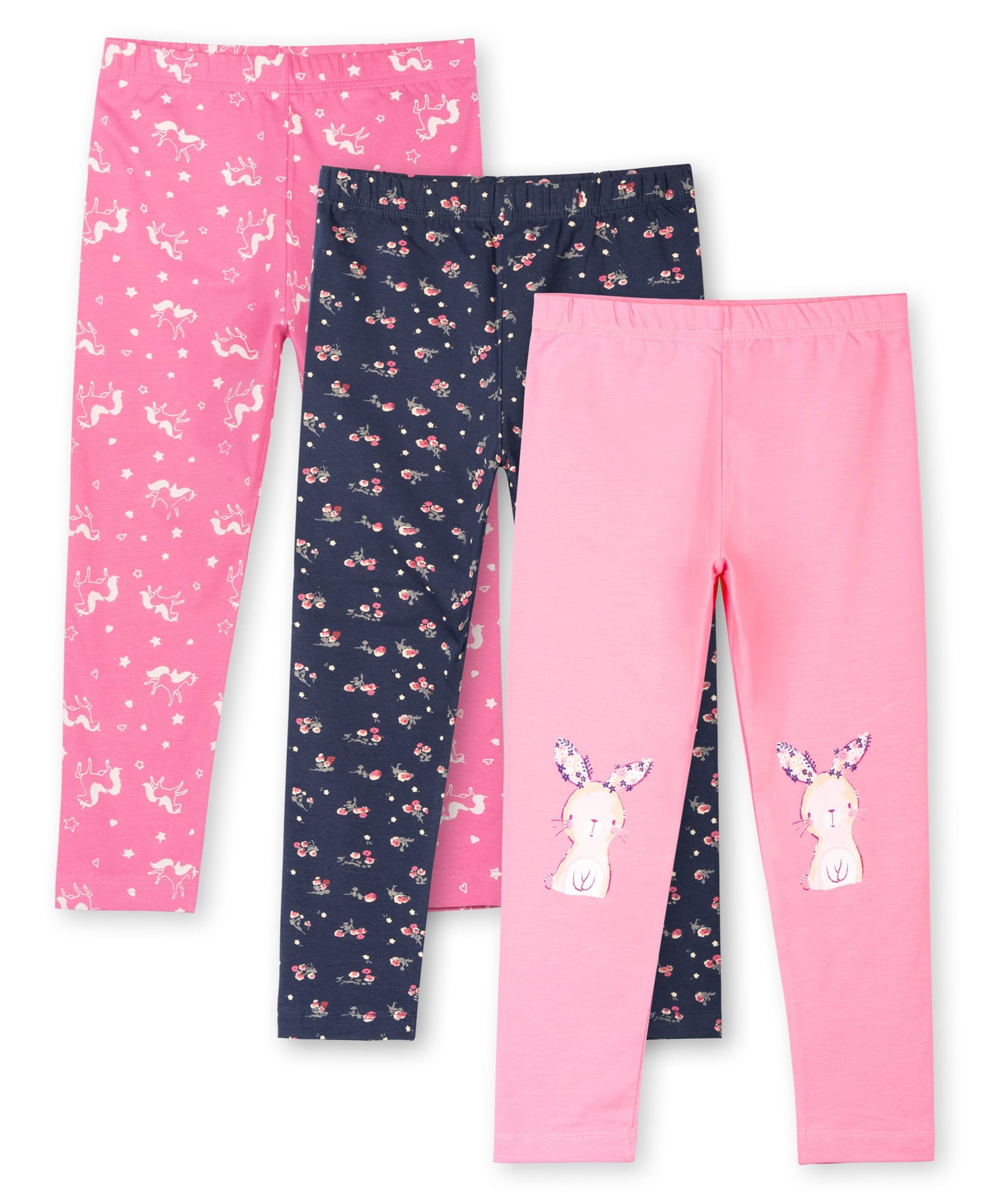 Ariel Cotton Knit Pack Of 3 Floral & Baby Bunny Printed Leggings - Pink & Navy Blue-picture-31
