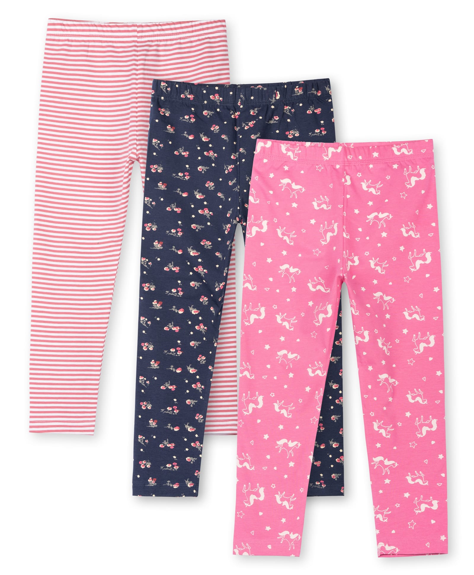 Ariel Cotton Knit Pack Of 3 Striped & Floral Printed Leggings - Pink & Navy Blue-picture-28