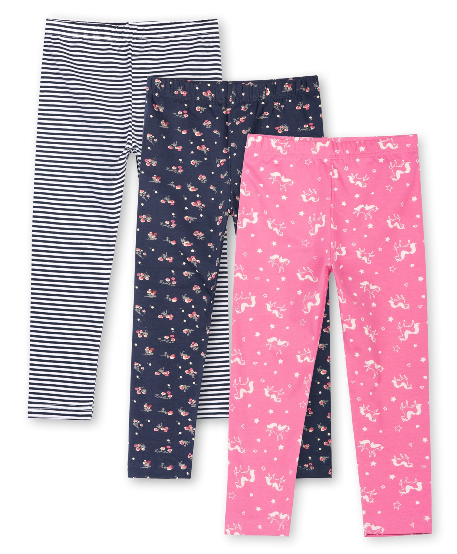 Ariel Cotton Knit Pack Of 3 Striped & Floral Printed Leggings - Black Navy Blue & Pink-picture-25