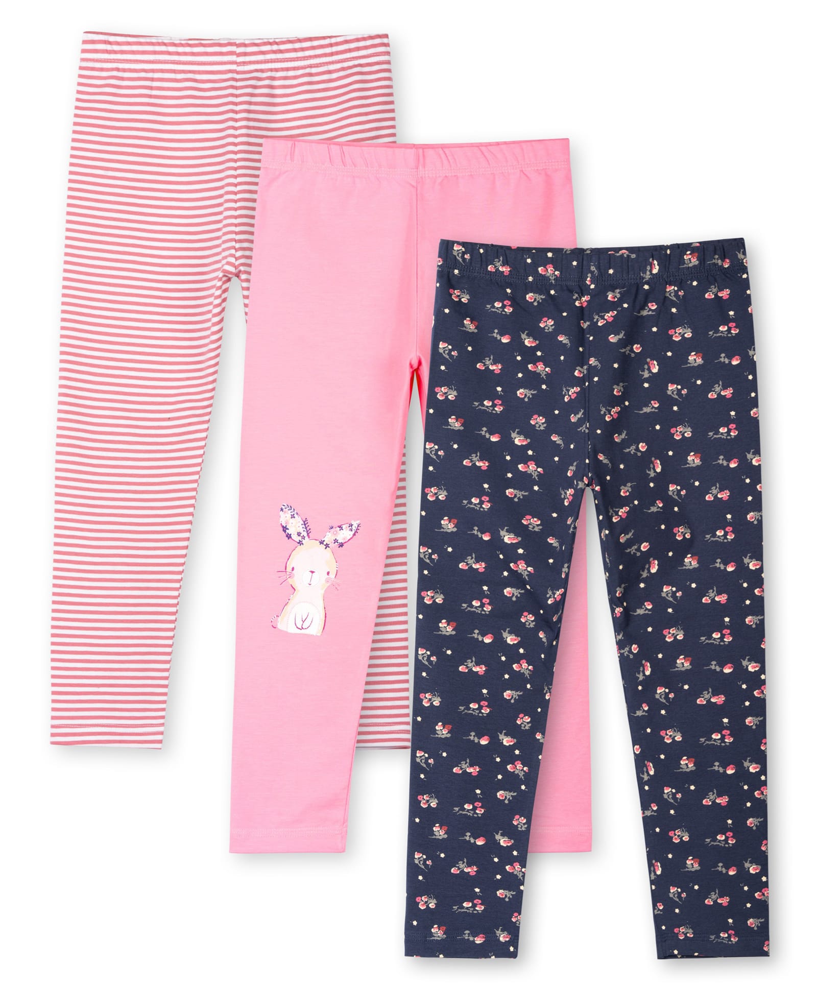 Ariel Cotton Knit Pack Of 3 Striped & Floral Printed Leggings - Pink & Navy Blue-picture-27