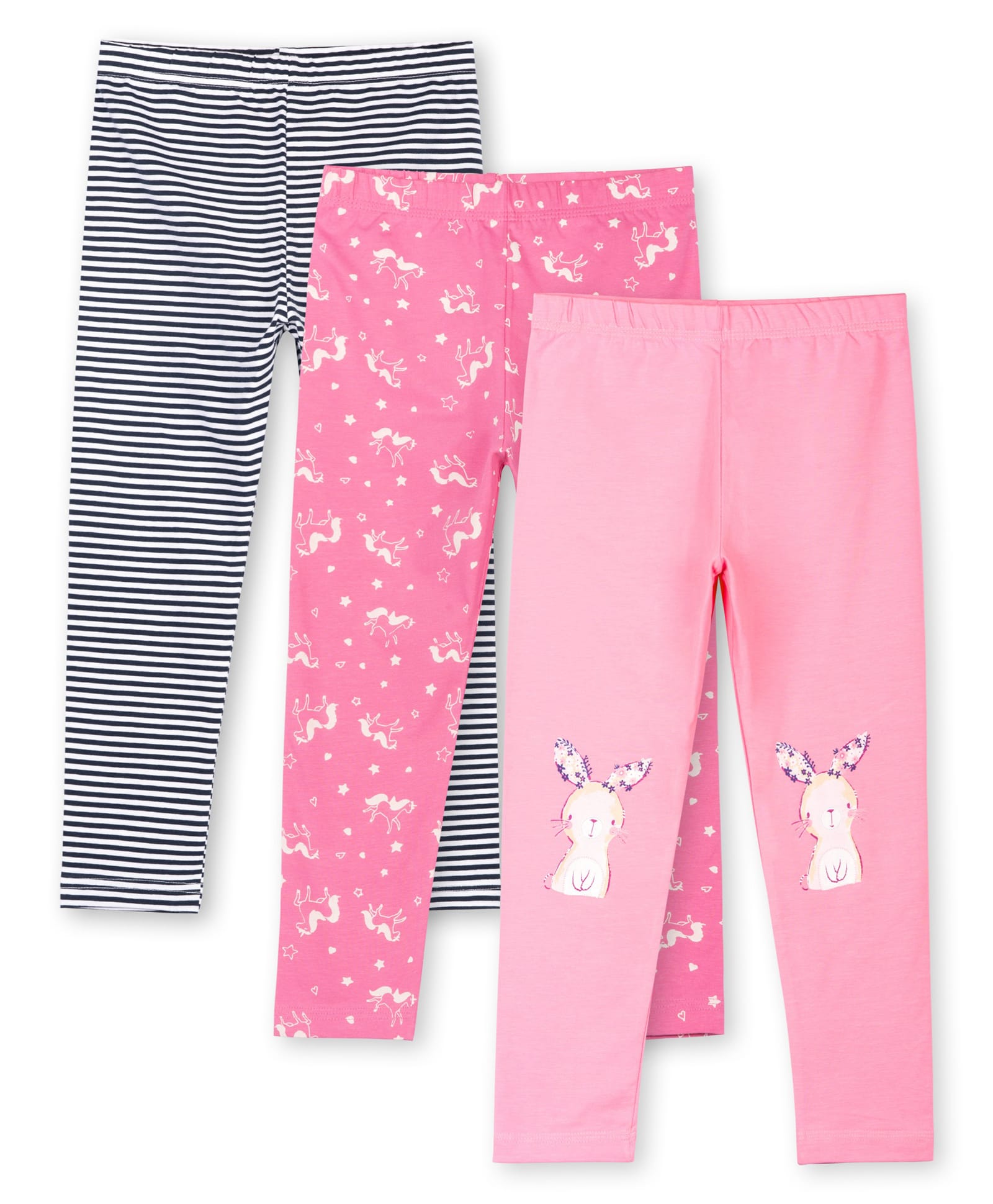 Ariel Cotton Knit Pack Of 3 Striped & Unicorns Printed Leggings - Black & Pink-picture-22