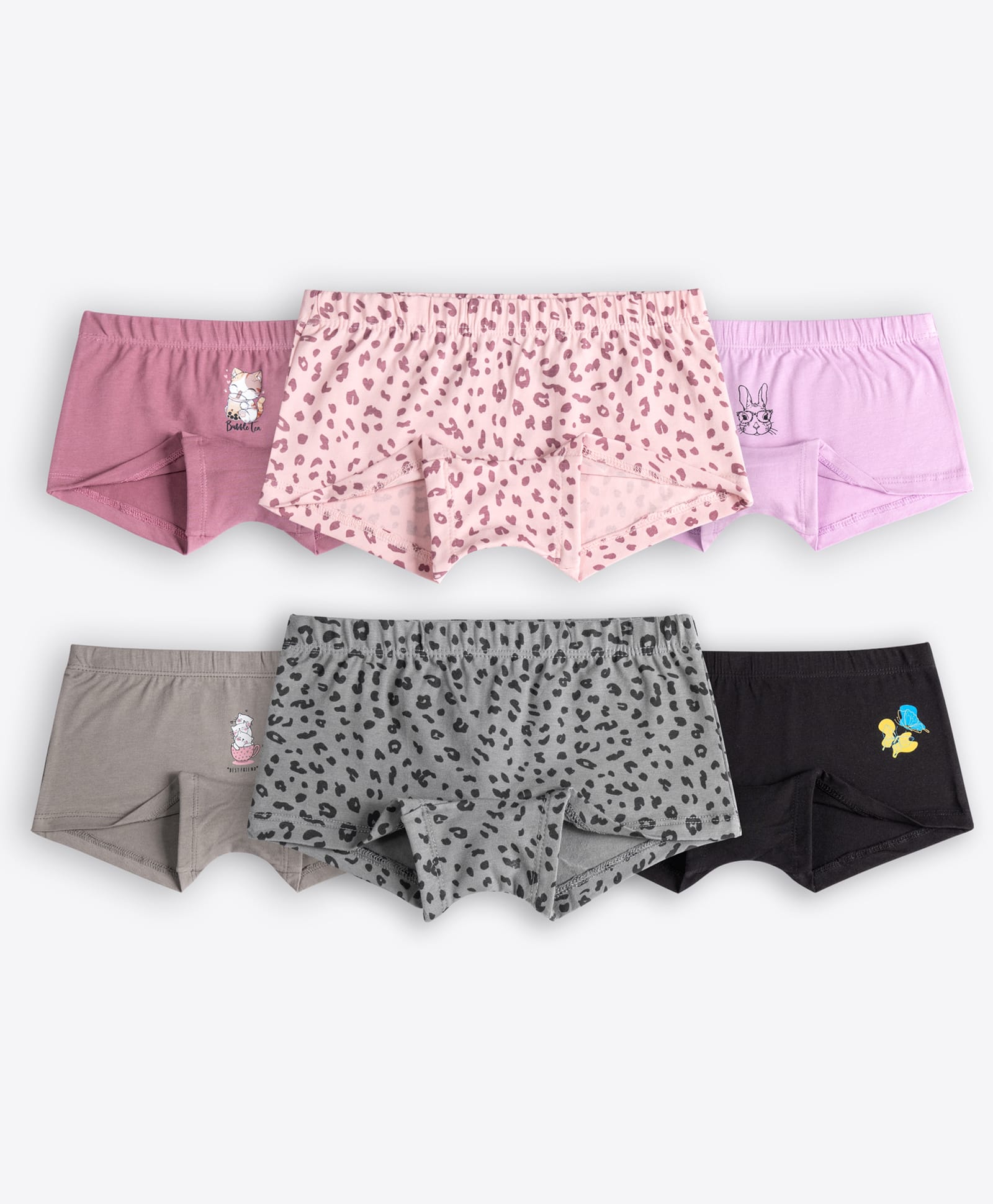 Ariel Cotton Blend Knit Pack Of 6 Baby Animals Printed Boy Shorts - Mauve Peach Purple Grey & Black-picture-15