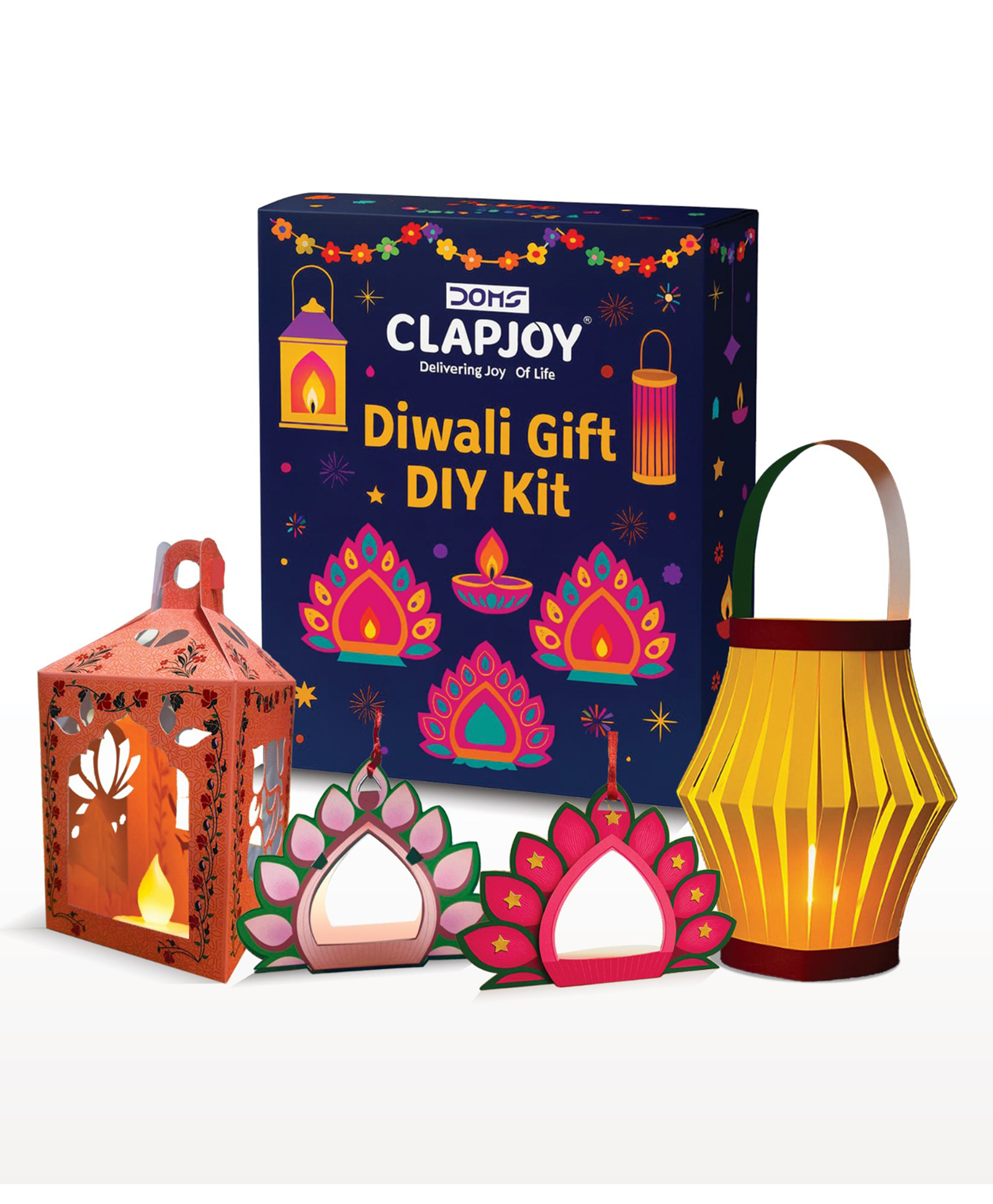 Clapjoy Diwali DIY Art & Craft Kit | 4 Activities Lanterns, Lotus Diyas, LED Tea Lights,Glue & Stickers | Educational Gift Box for Kids & Family-image-9