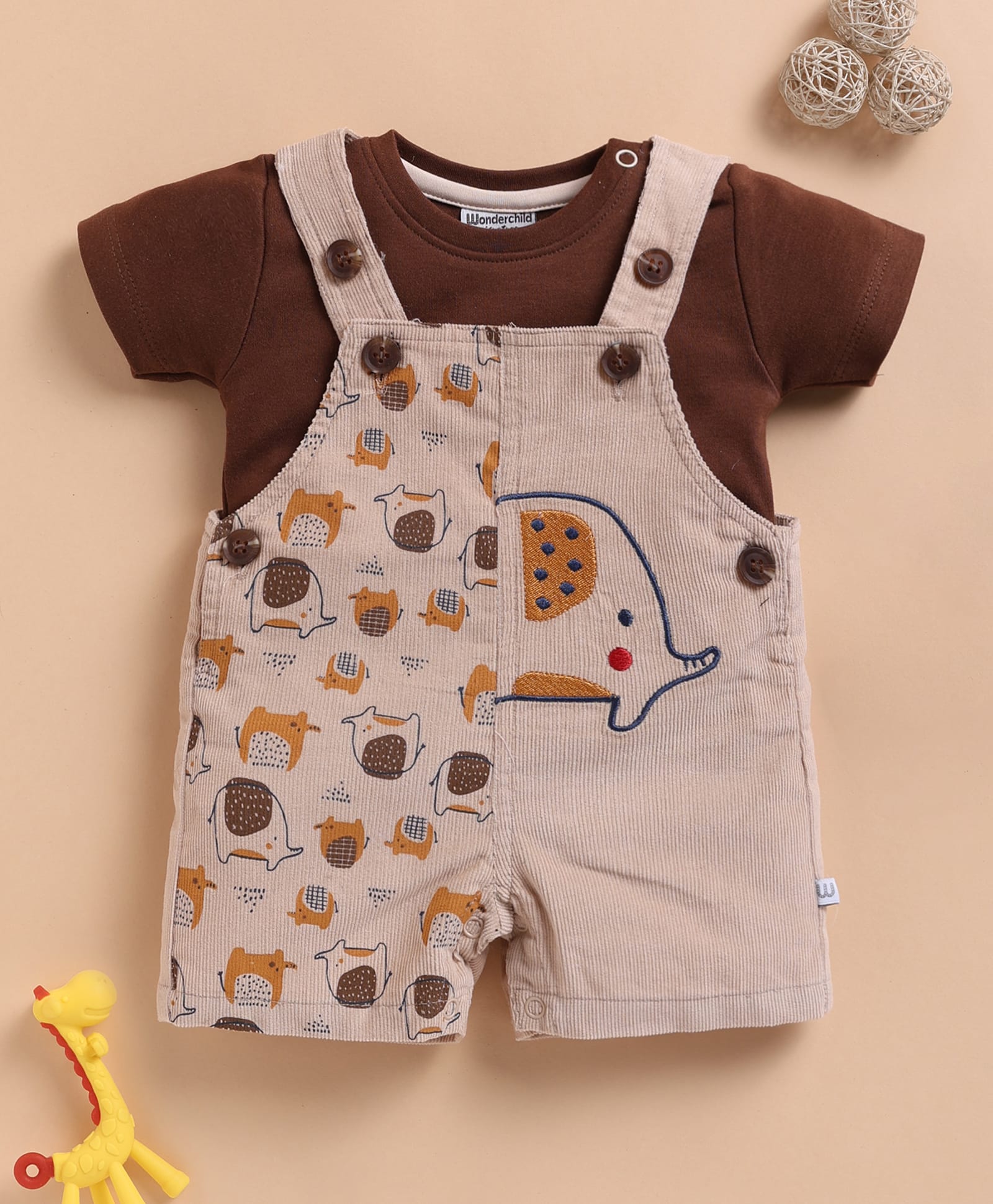 Wonderchild Baby Animals Embroidered Ribbed Dungaree With Half Sleeves Tee Set - Chocolate & Fawn