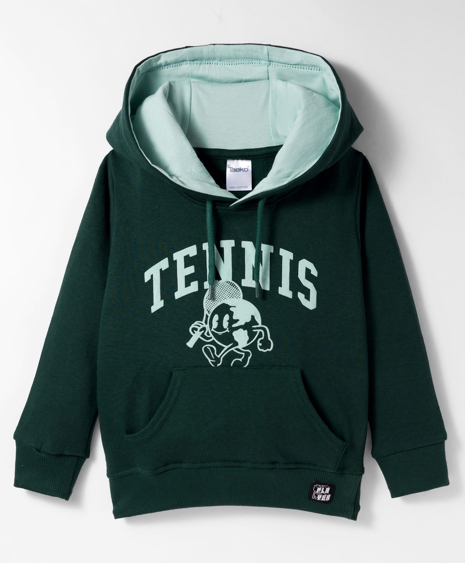 Taeko Fleece Knit Full Sleeves Hooded Sweatshirt With Tennis Print & Kangaroo Pockets - Dark Green-image-6