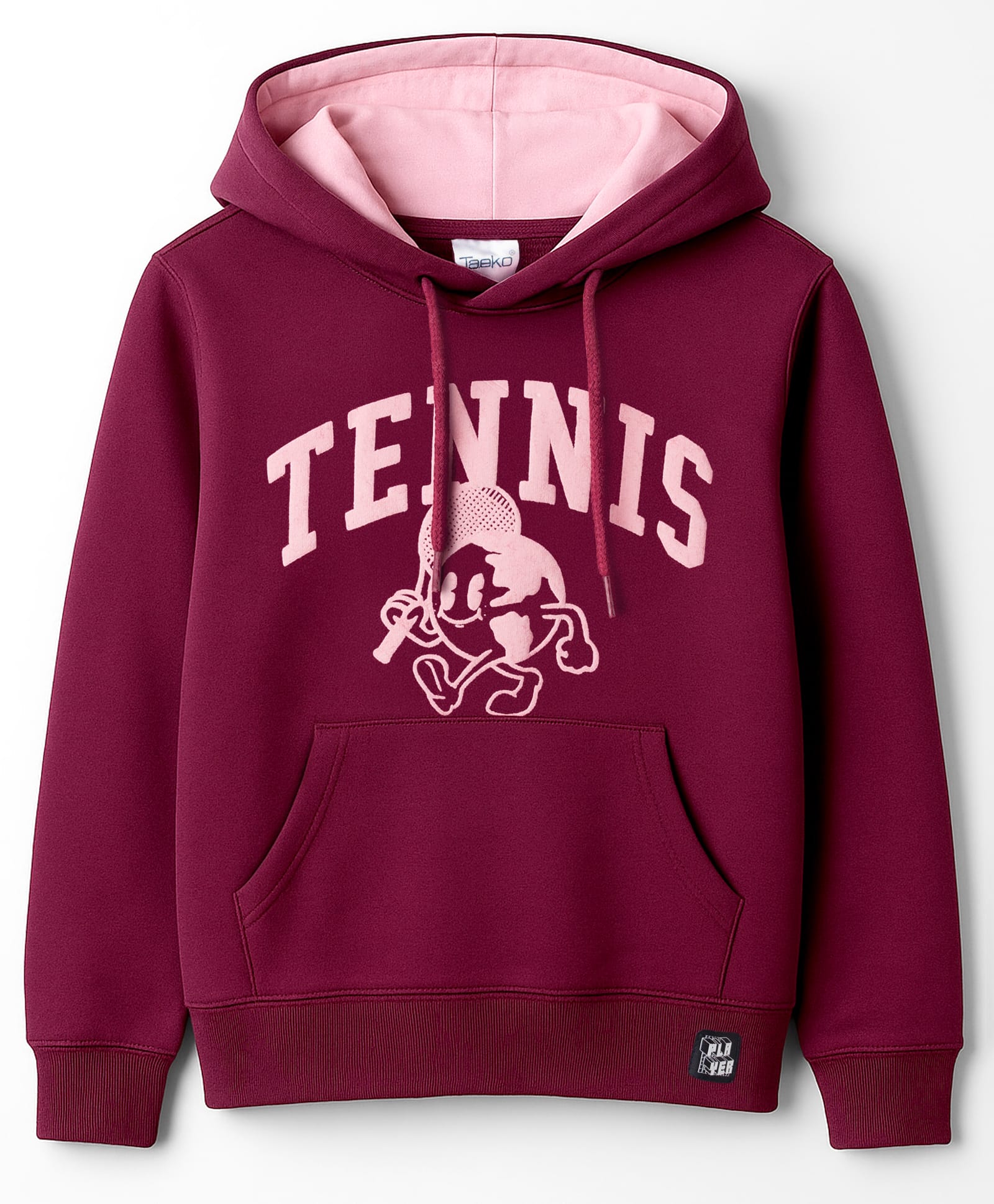 Taeko Fleece Knit Full Sleeves Hooded Sweatshirt With Tennis Print & Kangaroo Pockets - Maroon-picture-29