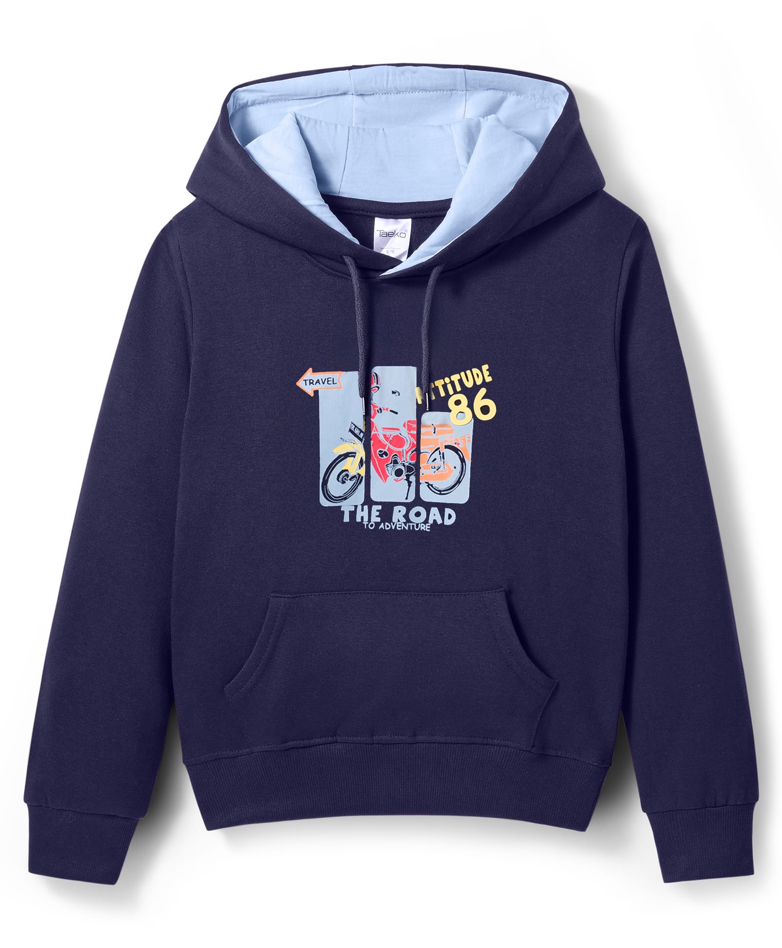 Taeko Fleece Knit Full Sleeves Hooded Sweatshirt With Motorcycle Print & Kangaroo Pockets - Navy Blue-picture-17