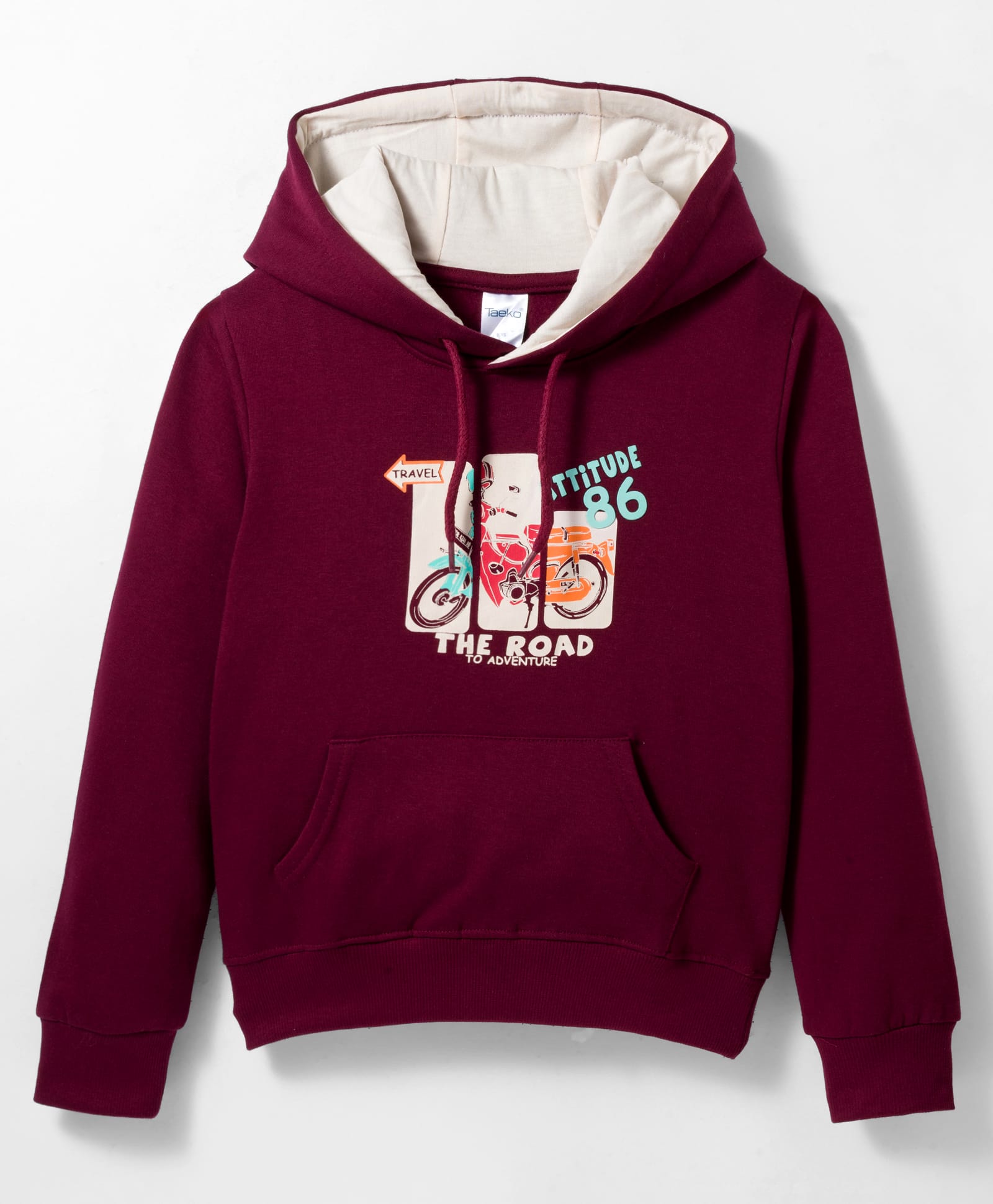 Taeko Fleece Knit Full Sleeves Hooded Sweatshirt With Motorcycle Print & Kangaroo Pockets - Maroon-picture-8